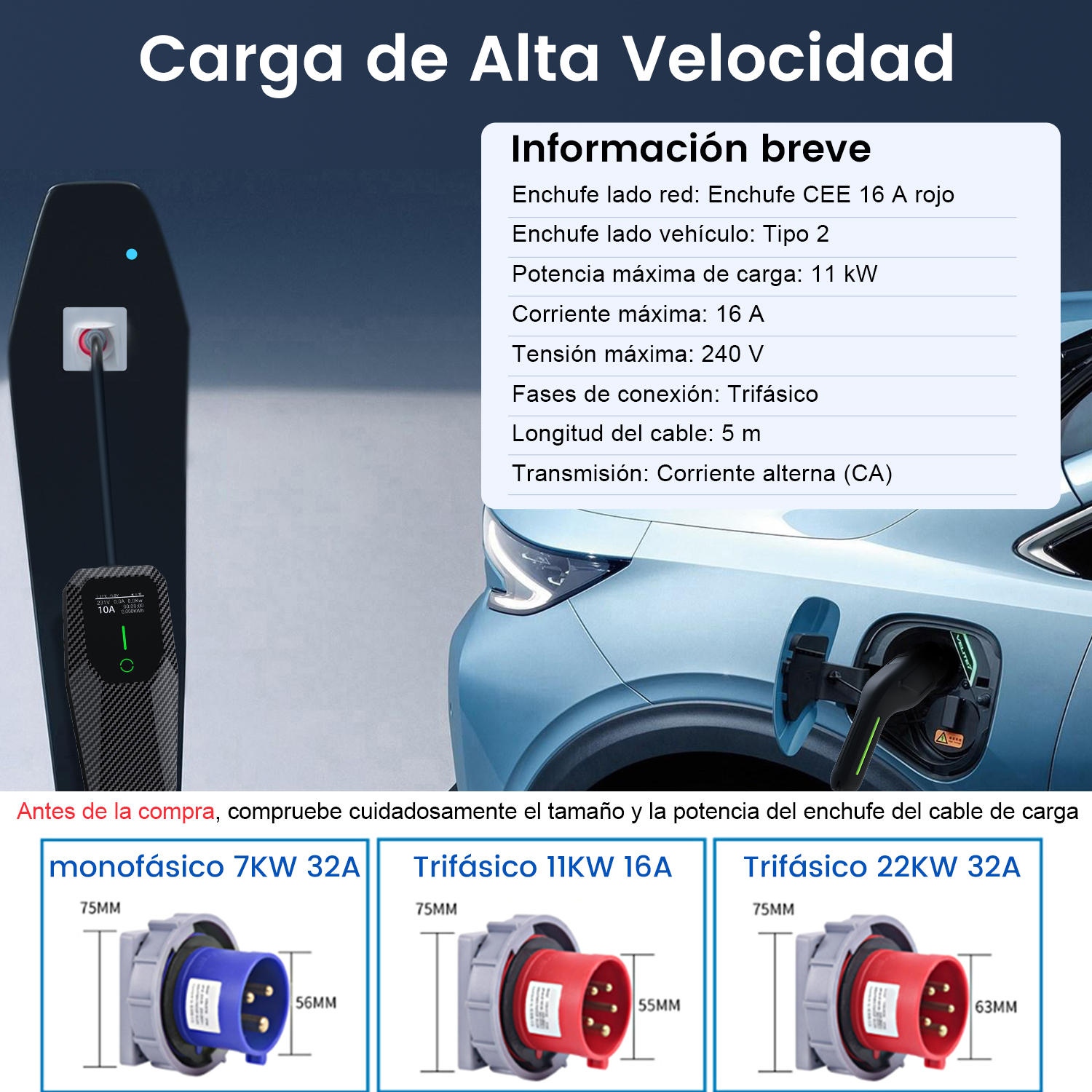 Un cargador de vehículo eléctrico con información sobre potencia, voltaje y longitudes de cable.