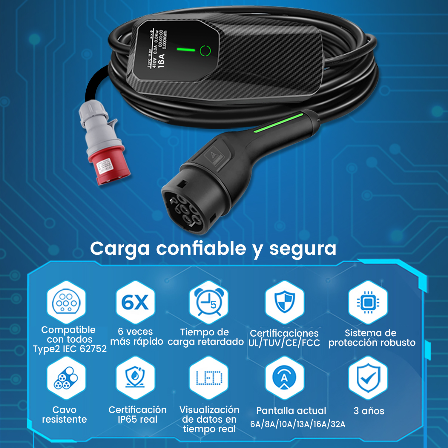 Cargador de vehículos eléctricos negro con cable e iconos de sus características sobre fondo azul.