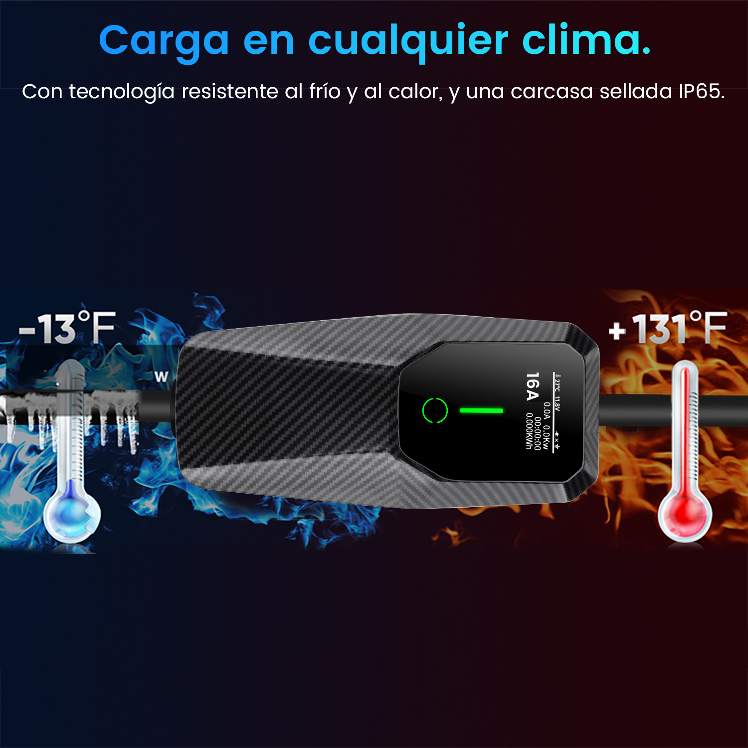 Dispositivo de carga con indicadores de temperatura, mostrando frío y calor.