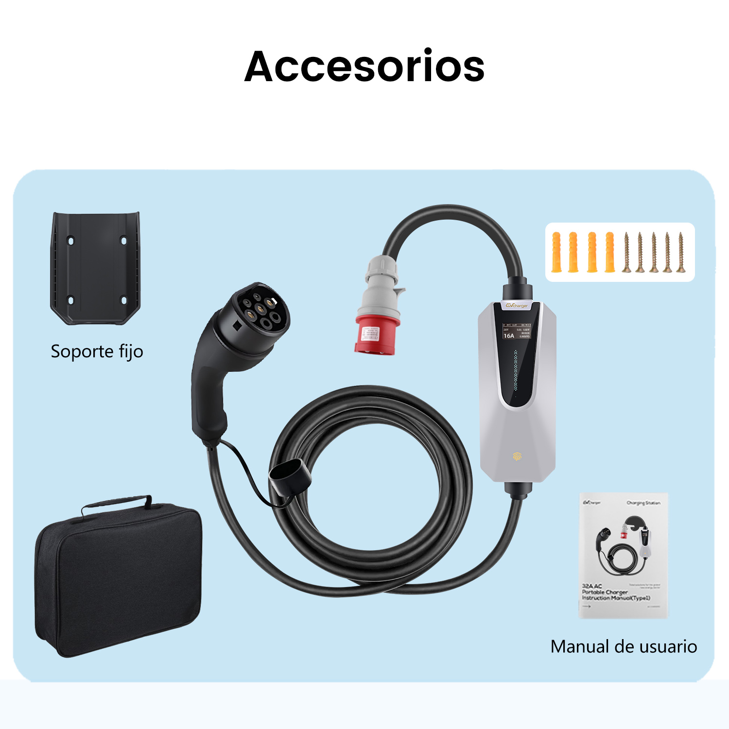 Un conjunto de accesorios para la carga de vehículos eléctricos, que incluye un cargador, conector y manual del usuario.