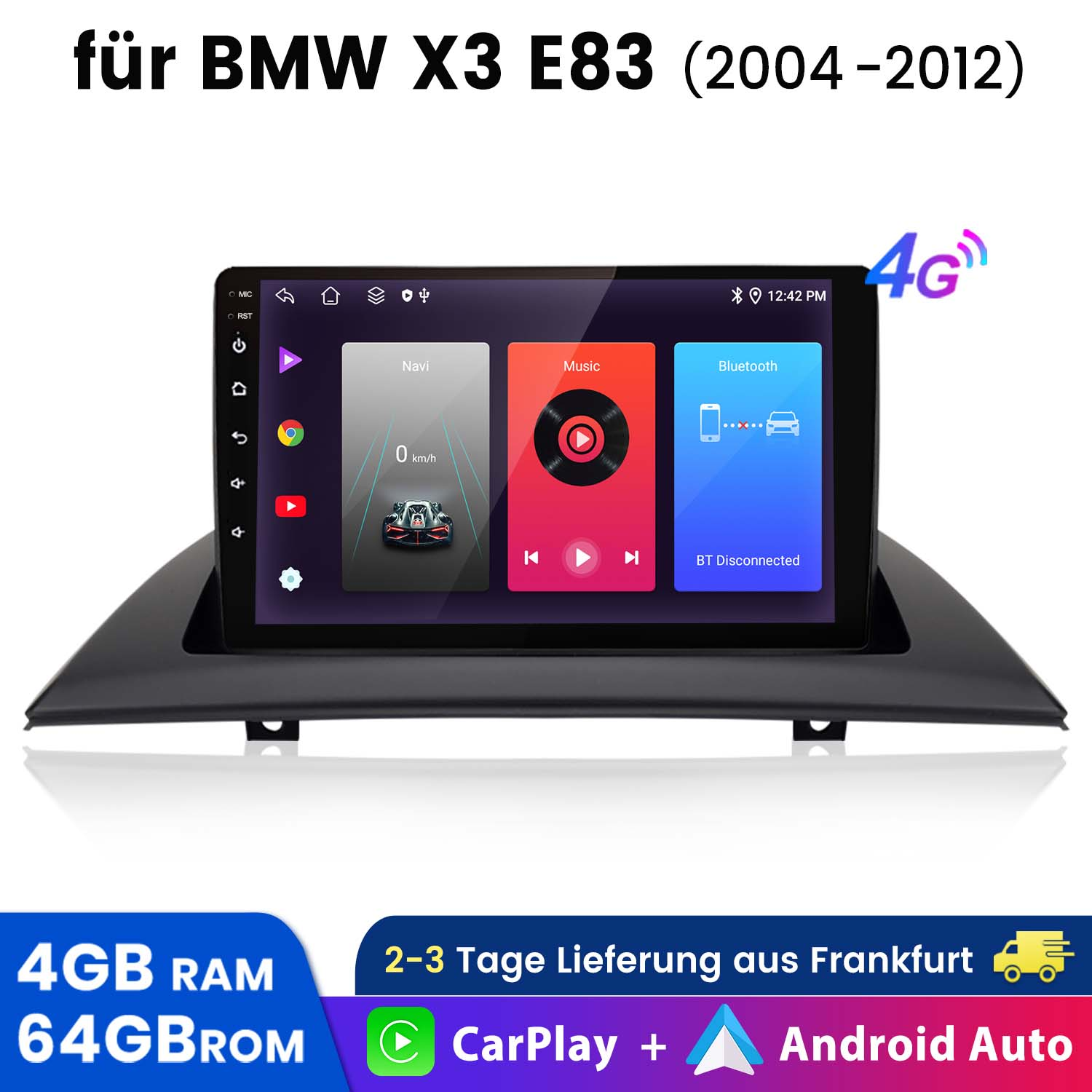 Uno schermo del sistema di intrattenimento dell'auto con opzioni di navigazione, musica e Bluetooth.