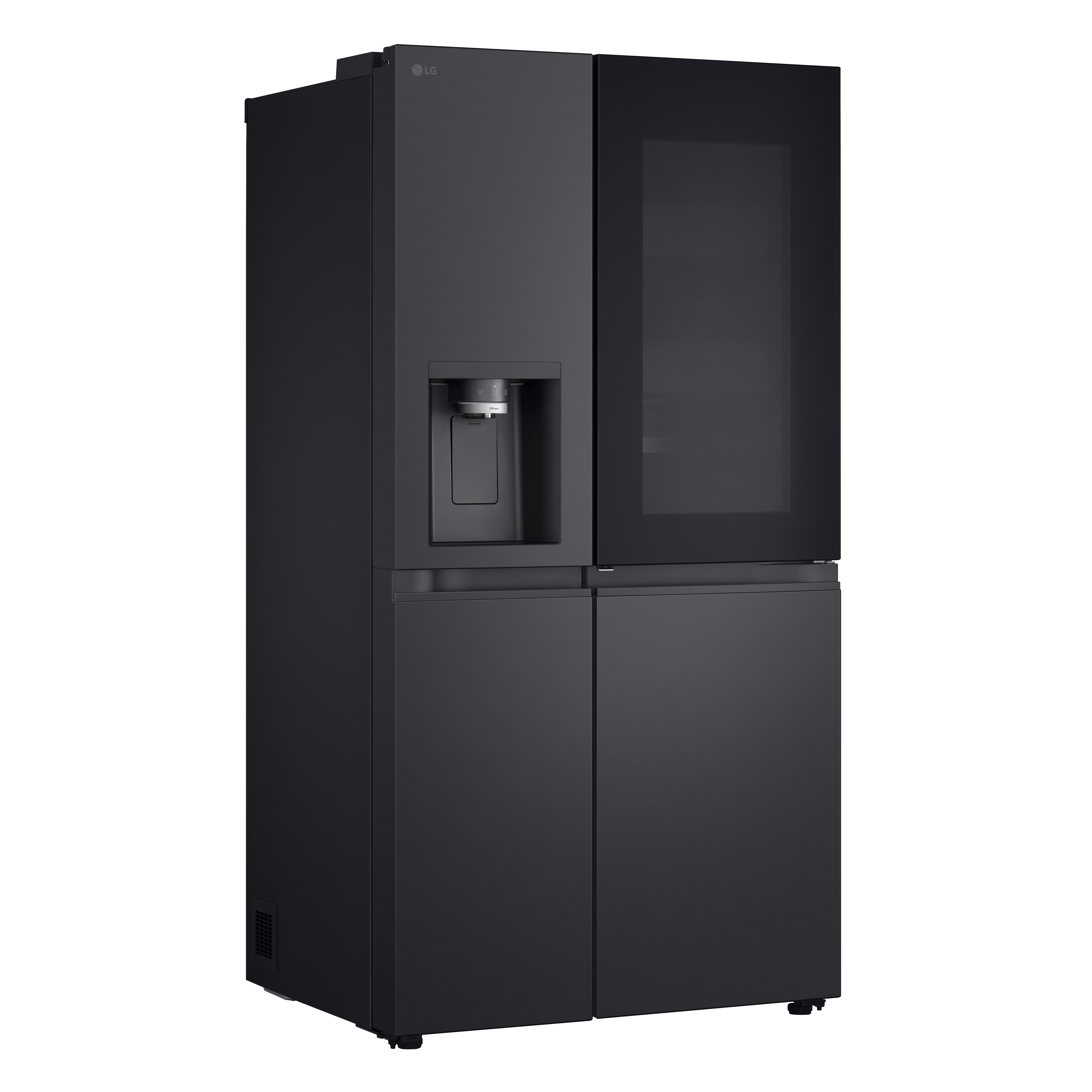 Czarna lodówka LG z czterema drzwiami. Dozownik wody na lewych drzwiach. Szklany panel na prawych drzwiach.
