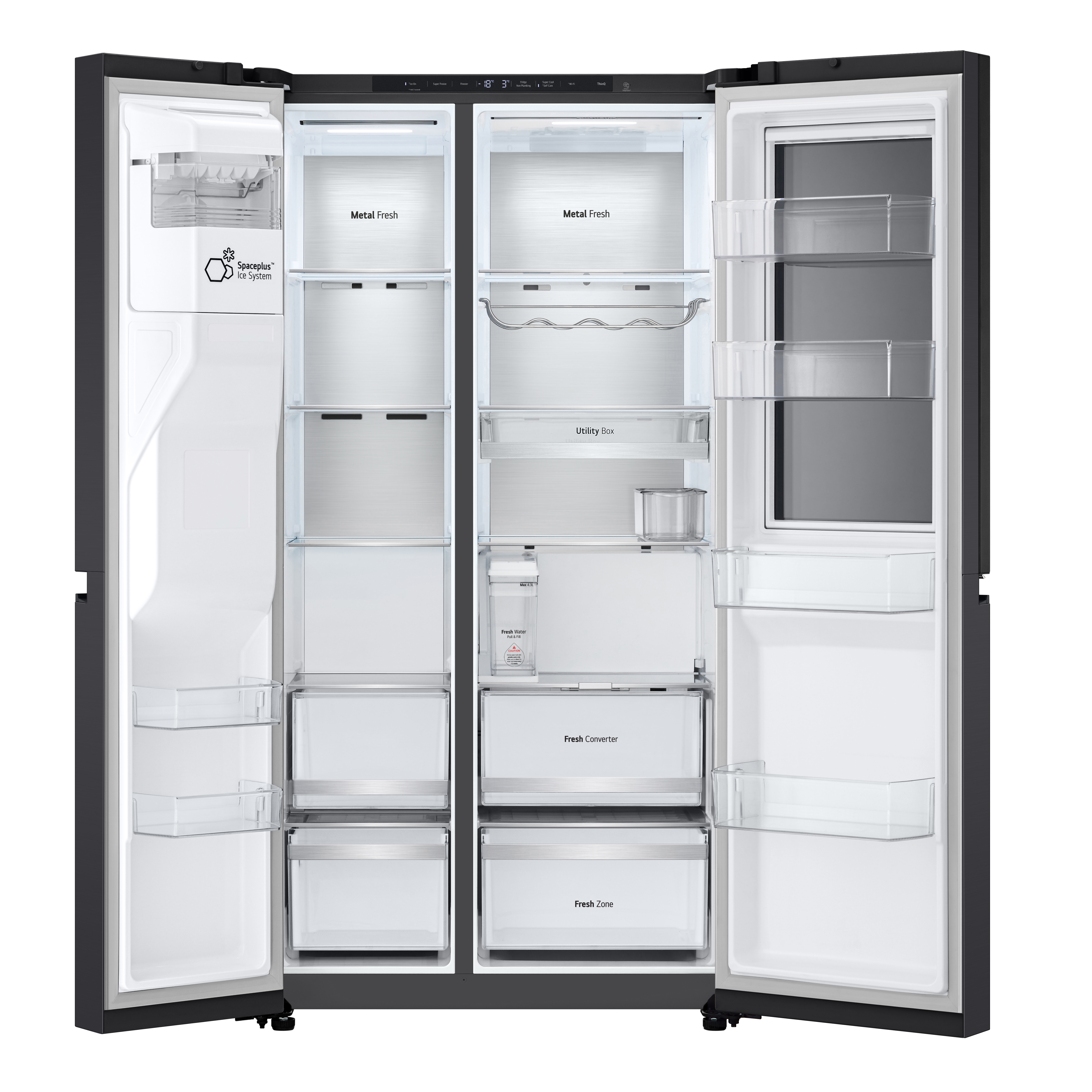 Otwarta czarna lodówka z wieloma półkami i szufladami.