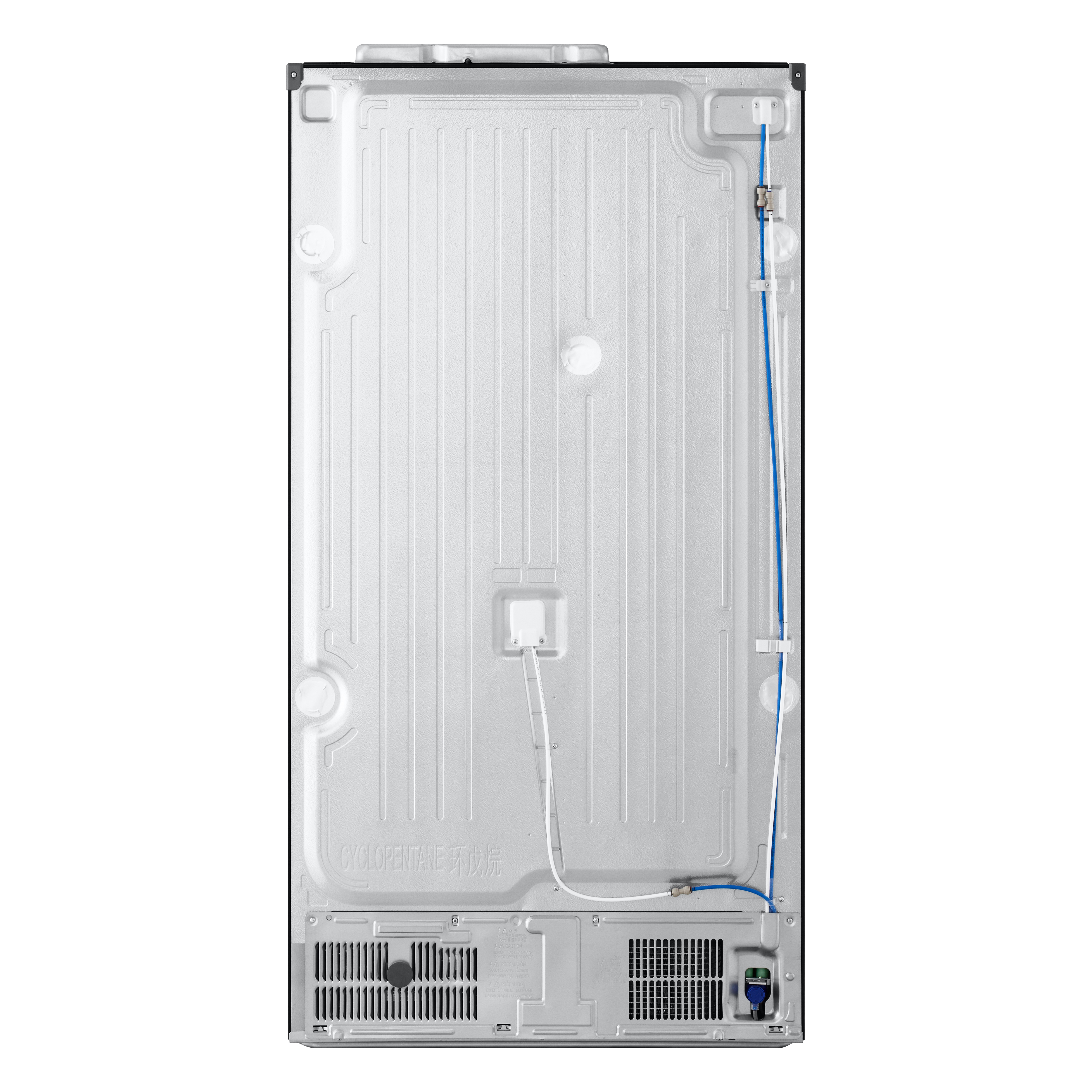 Tył czarnej lodówki ze srebrnym wentylatorem i białymi elementami wewnętrznymi.