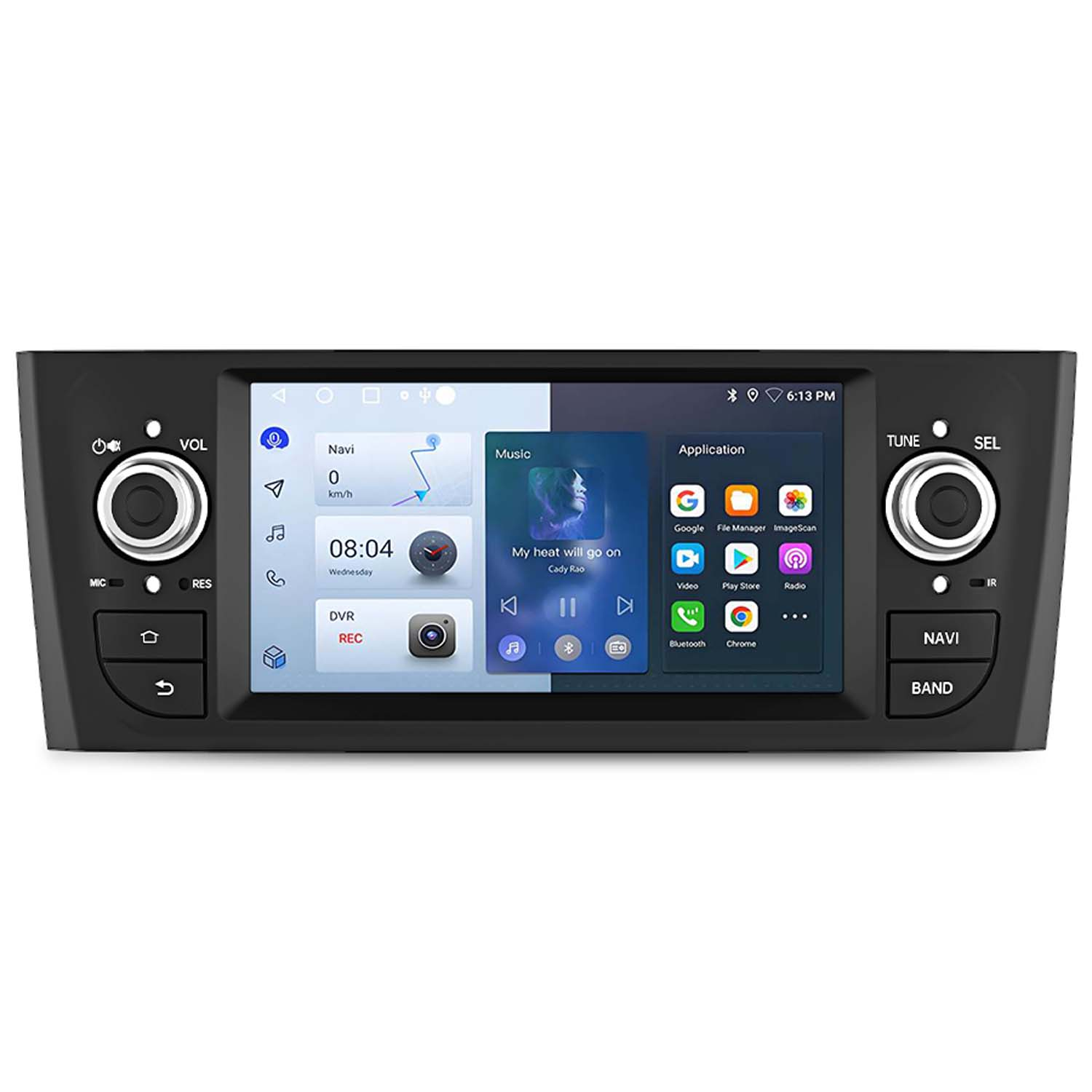 Un estéreo de coche con pantalla táctil que muestra una aplicación de música y navegación.