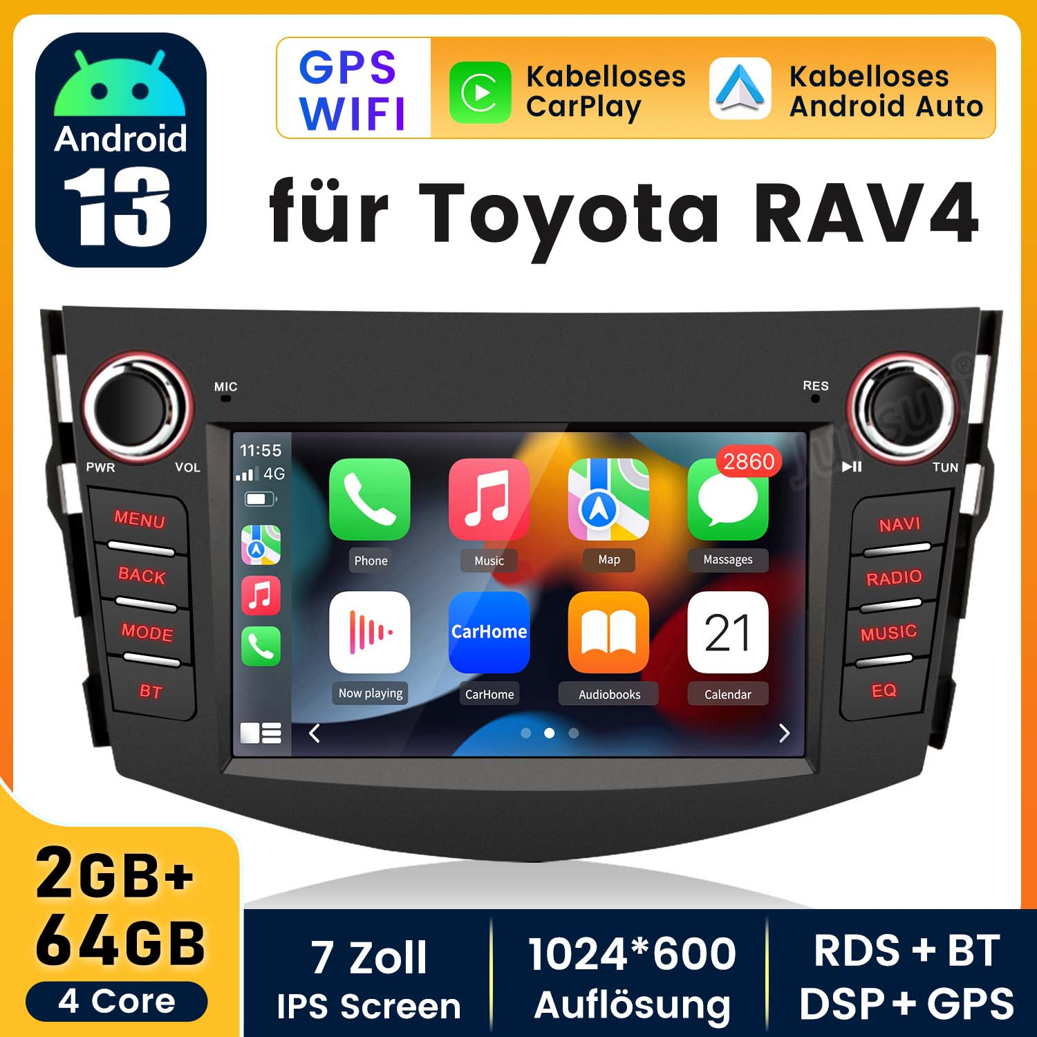 Autoradio con interfaccia touchscreen, mostra un'interfaccia Android e icone di navigazione.