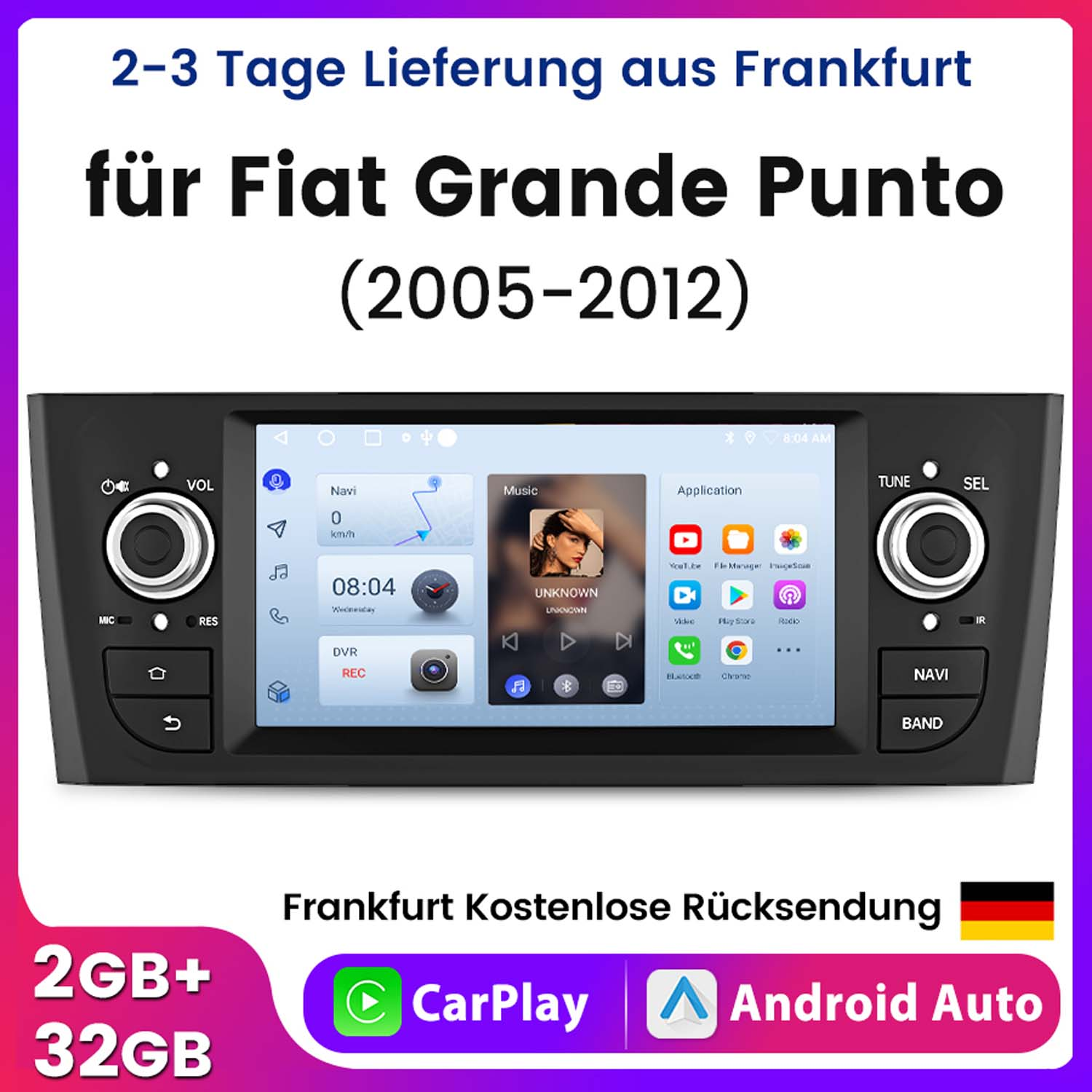 Pantalla de radio de coche con varios iconos y un logotipo de Fiat Grande Punto, superposición de texto.