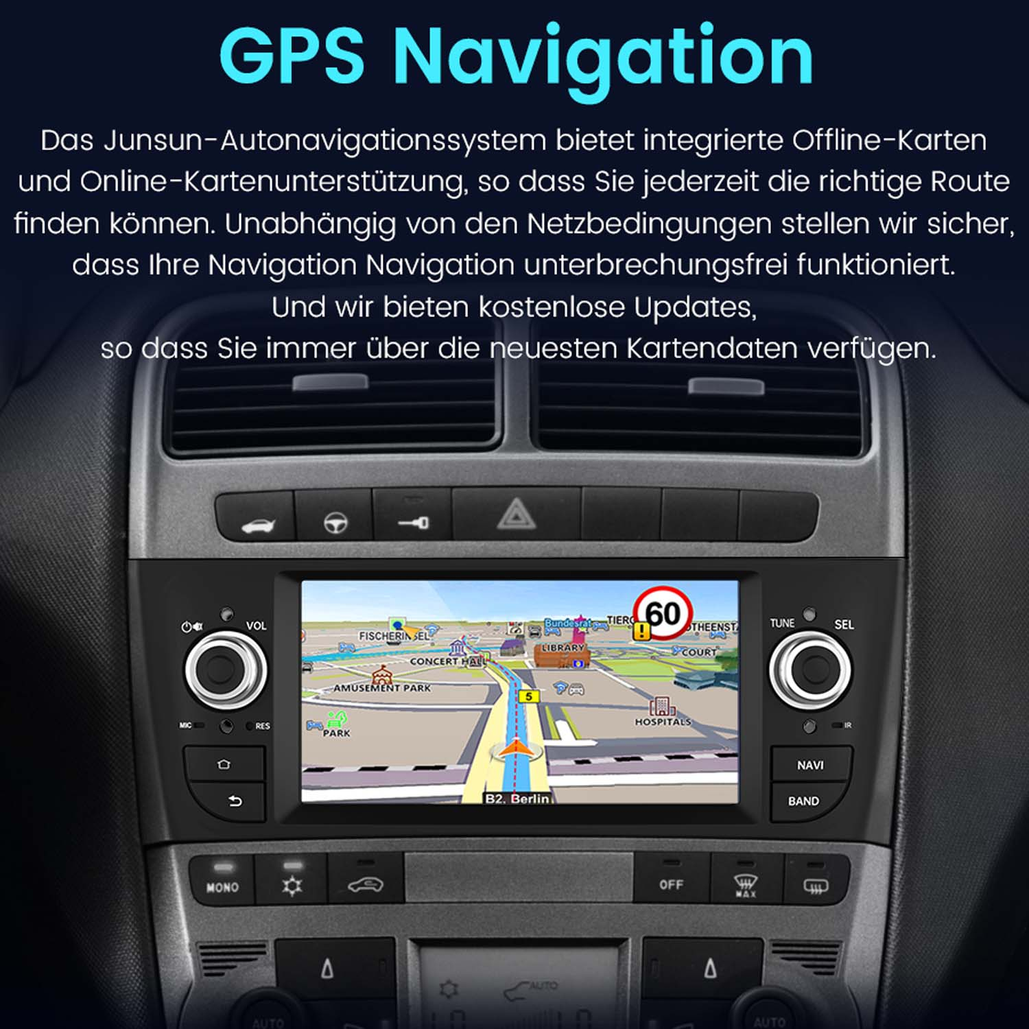 Sistema de navegación GPS en el salpicadero de un coche, que muestra un mapa y guía de ruta.