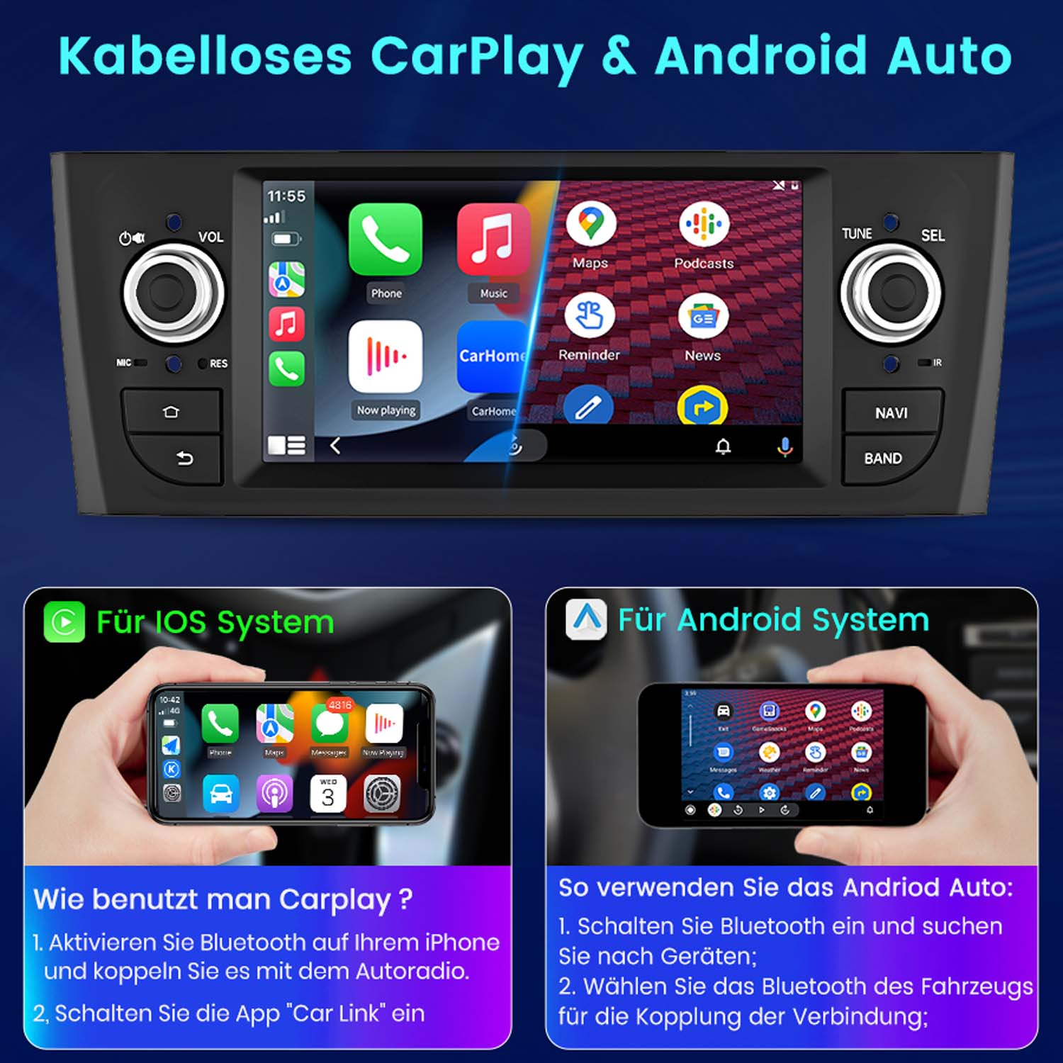 Sistema de infoentretenimiento del coche con pantalla mostrando aplicaciones. Abajo, cómo conectar iOS y Android.