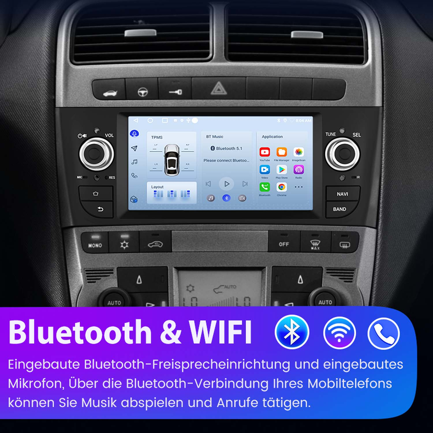 Sistema estéreo de coche con Bluetooth y WiFi, con pantalla táctil mostrando iconos de aplicaciones.