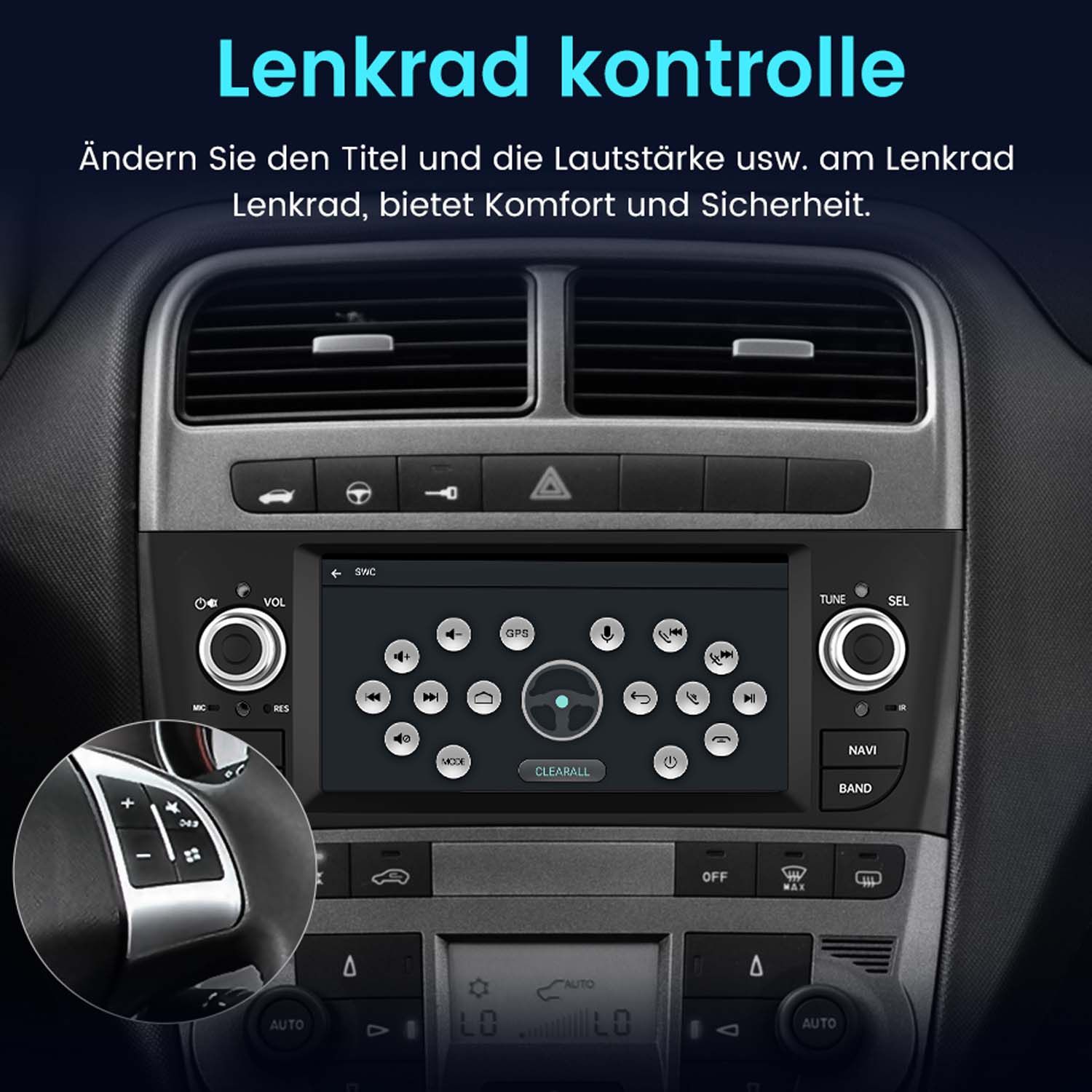 Sistema de infoentretenimiento del coche, mostrando la interfaz de radio y controles del volante.