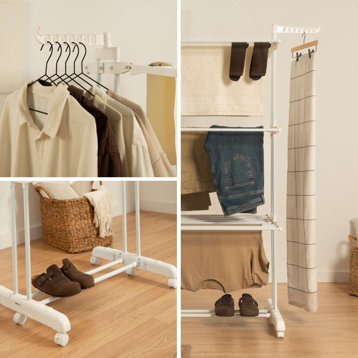 Collage de perchero con ropa, zapatos y una cesta. Fondo blanco.