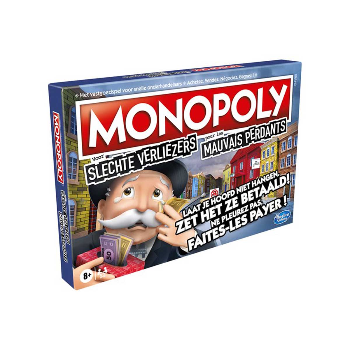 Monopoly-Brettspielbox mit einem Bild des Spiels und Text.