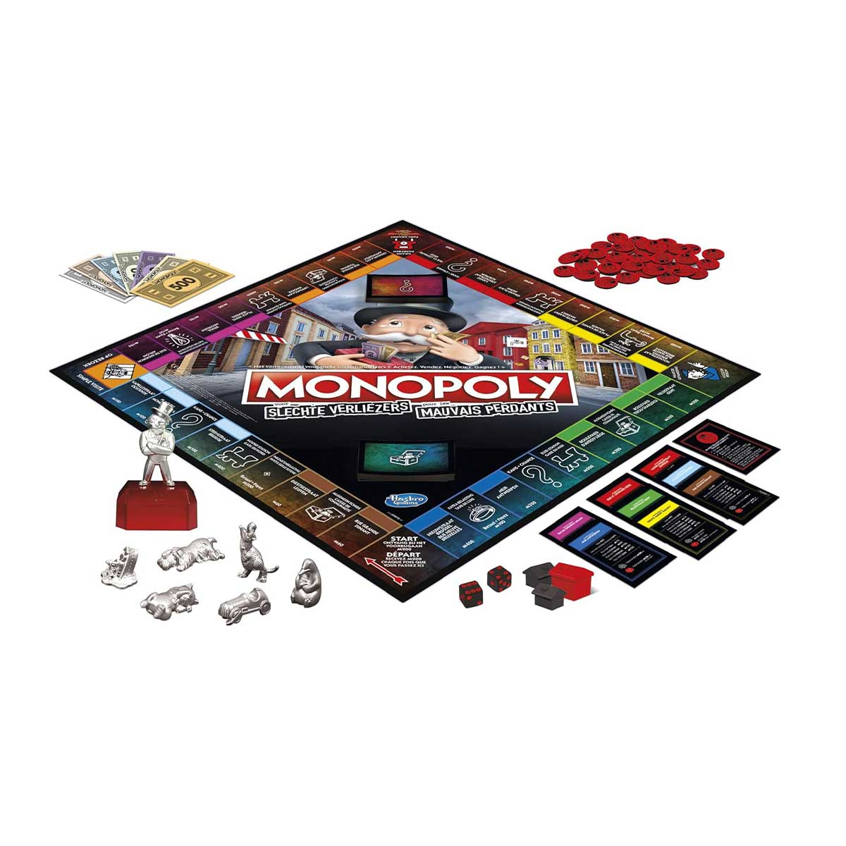 Monopoly-Brettspiel mit Spielbrett, Geld, Spielsteinen, Würfeln und Karten.