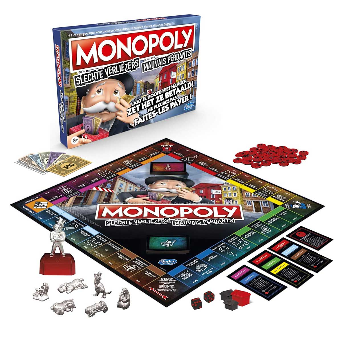 Monopoly-Brettspiel mit einer Schachtel, die den Spielnamen zeigt. Spielsteine und Geld sind abgebildet.