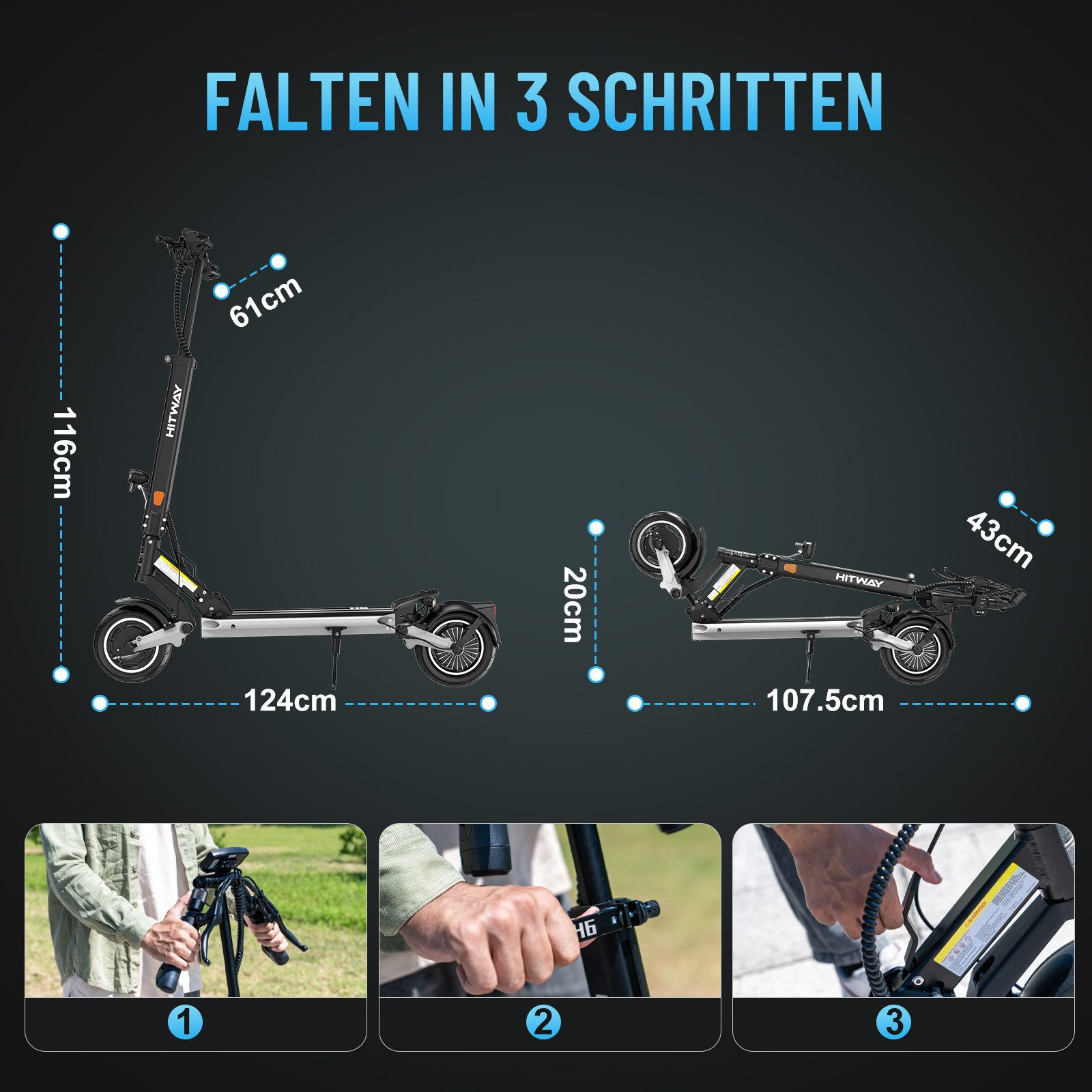 Electric scooter folded and unfolded, with dimensions displayed, and folding steps.