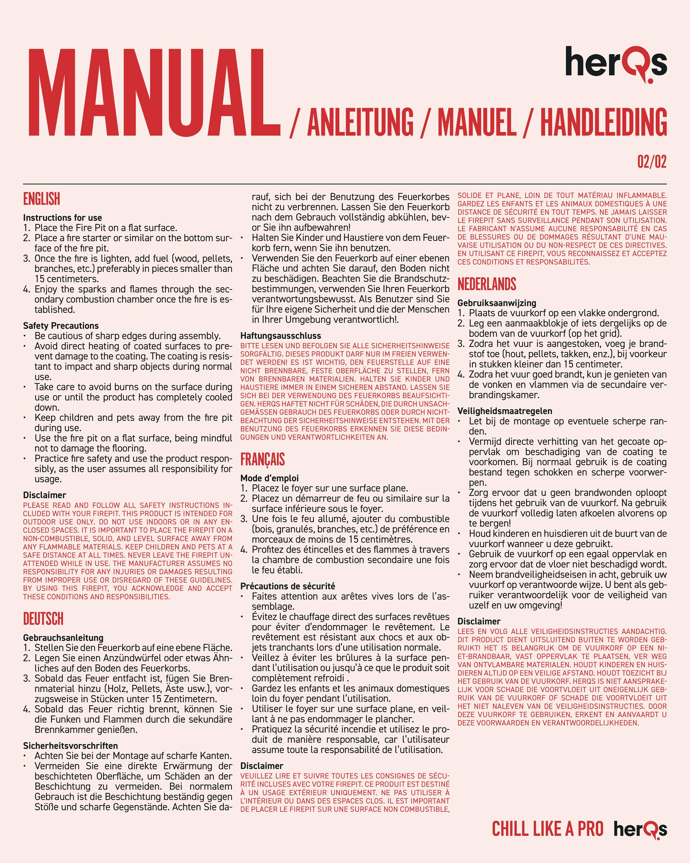 Manual in English, German, French, and Dutch, for a fire pit.