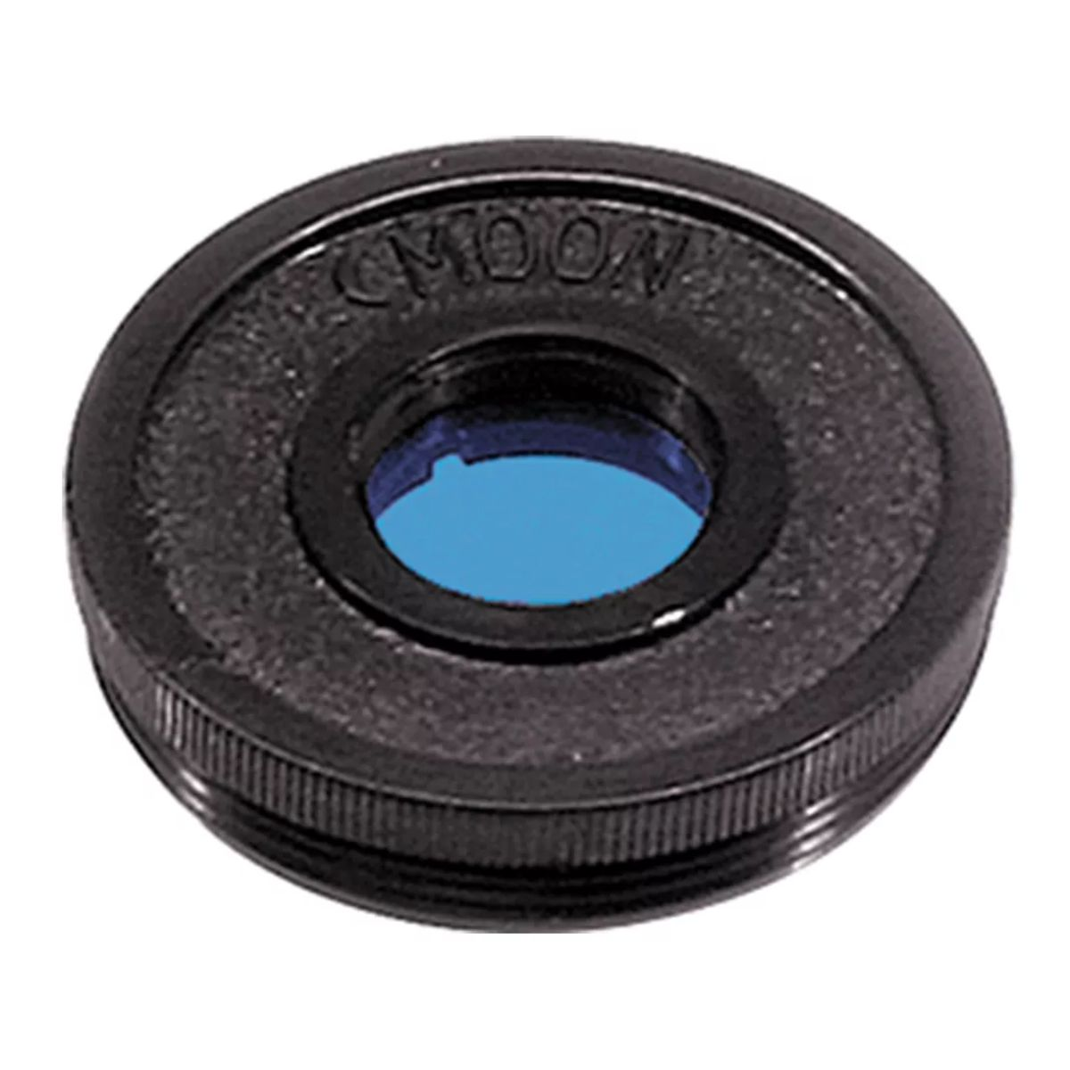 Filtro de telescopio negro con lente azul, anillo negro y la palabra MOON.