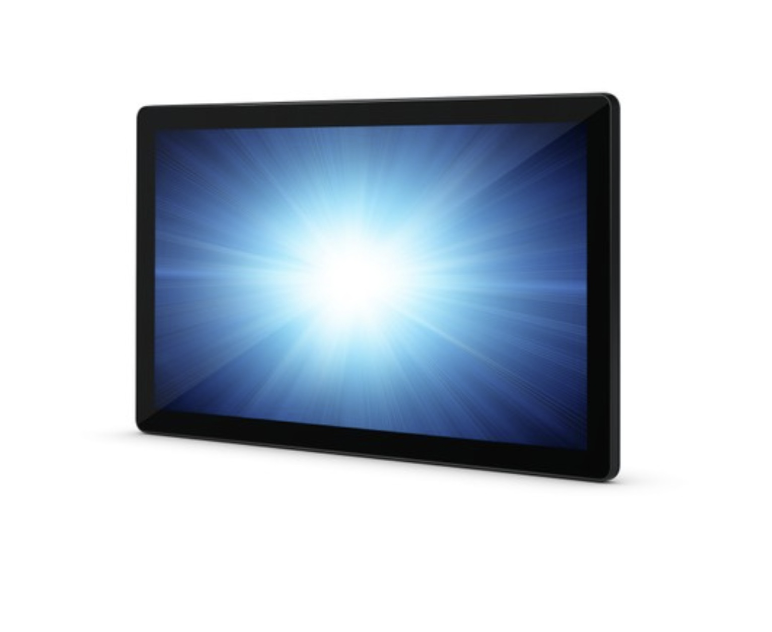 Tablet z czarną ramką, pokazujący jasne niebieskie i białe światło w środku.