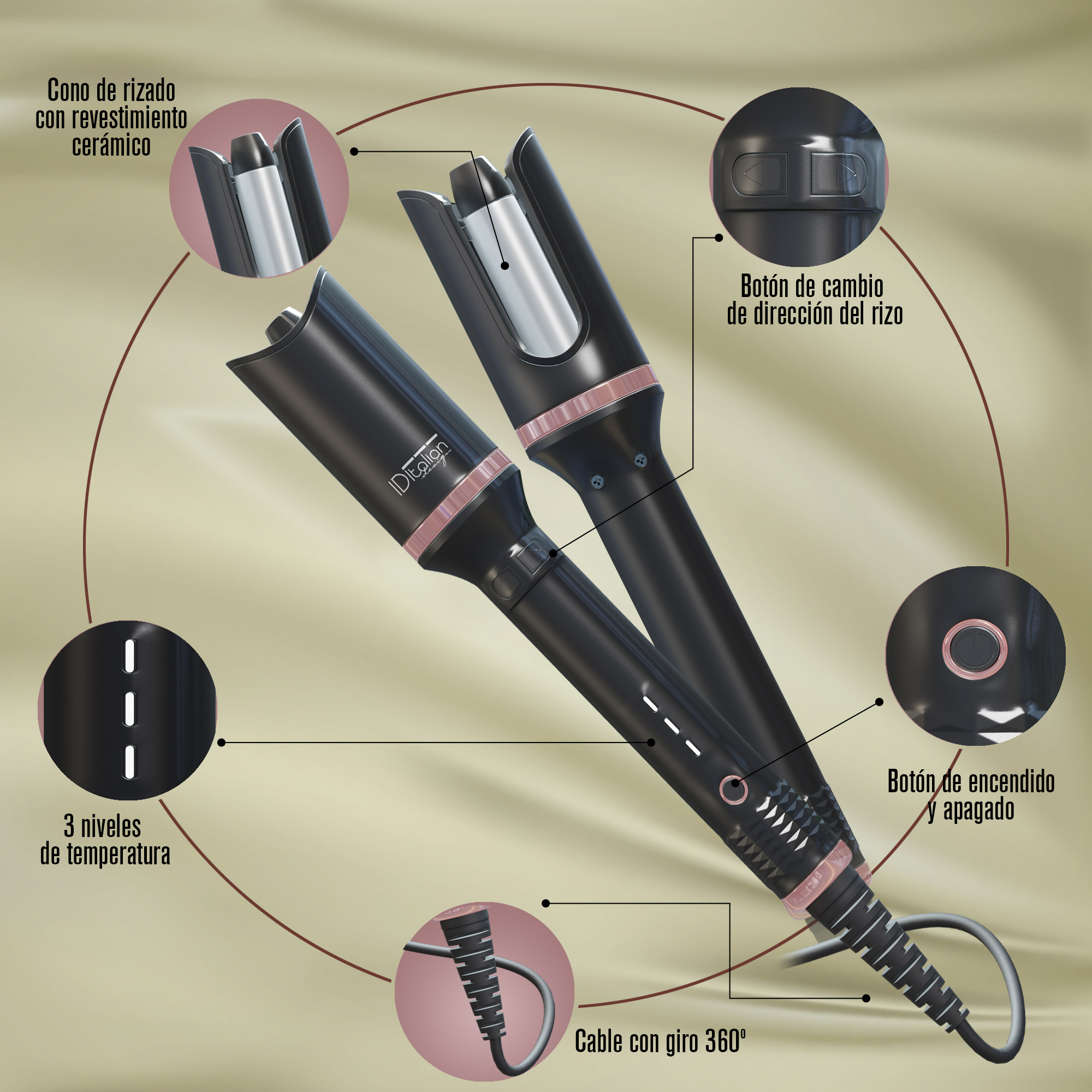 Dwie czarne lokówki z różowymi akcentami. Szczegóły obejmują powłokę ceramiczną, poziomy temperatury i przycisk włączania/wyłączania.