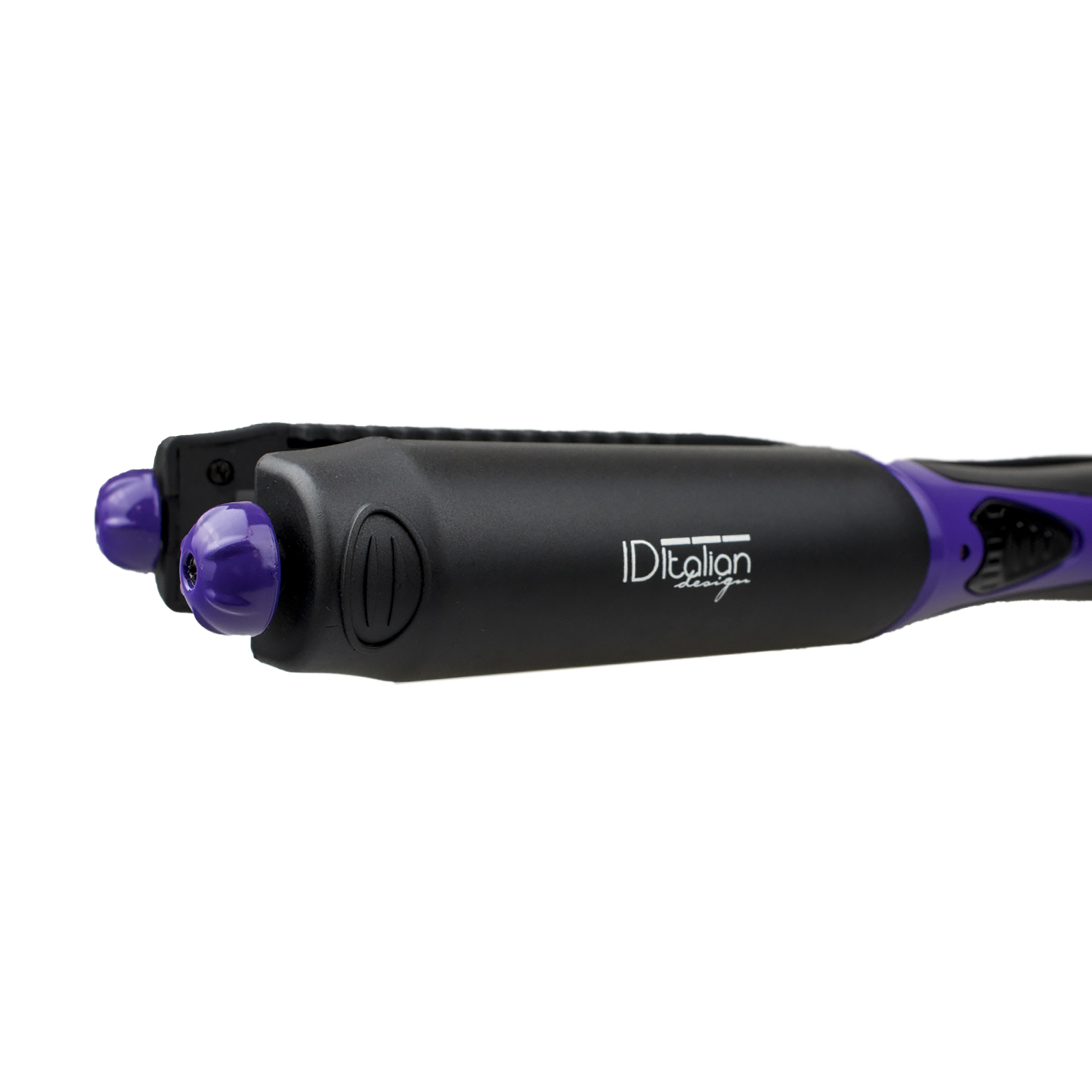 Zbliżenie czarno-fioletowej prostownicy do włosów. Logo 'ID italian' jest widoczne z boku.