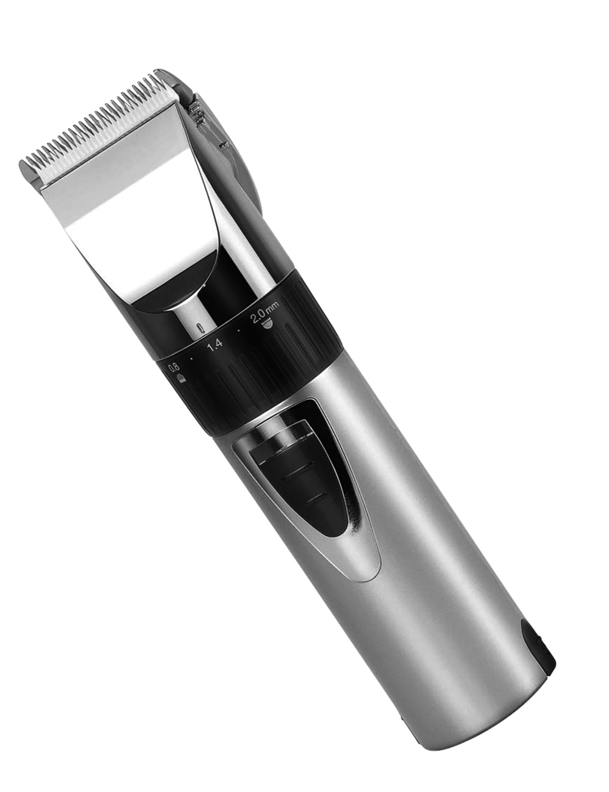 Srebrna maszynka do włosów. Maszynka ma czarne pokrętło regulacji długości i ostrze. Ostrze jest ostre.