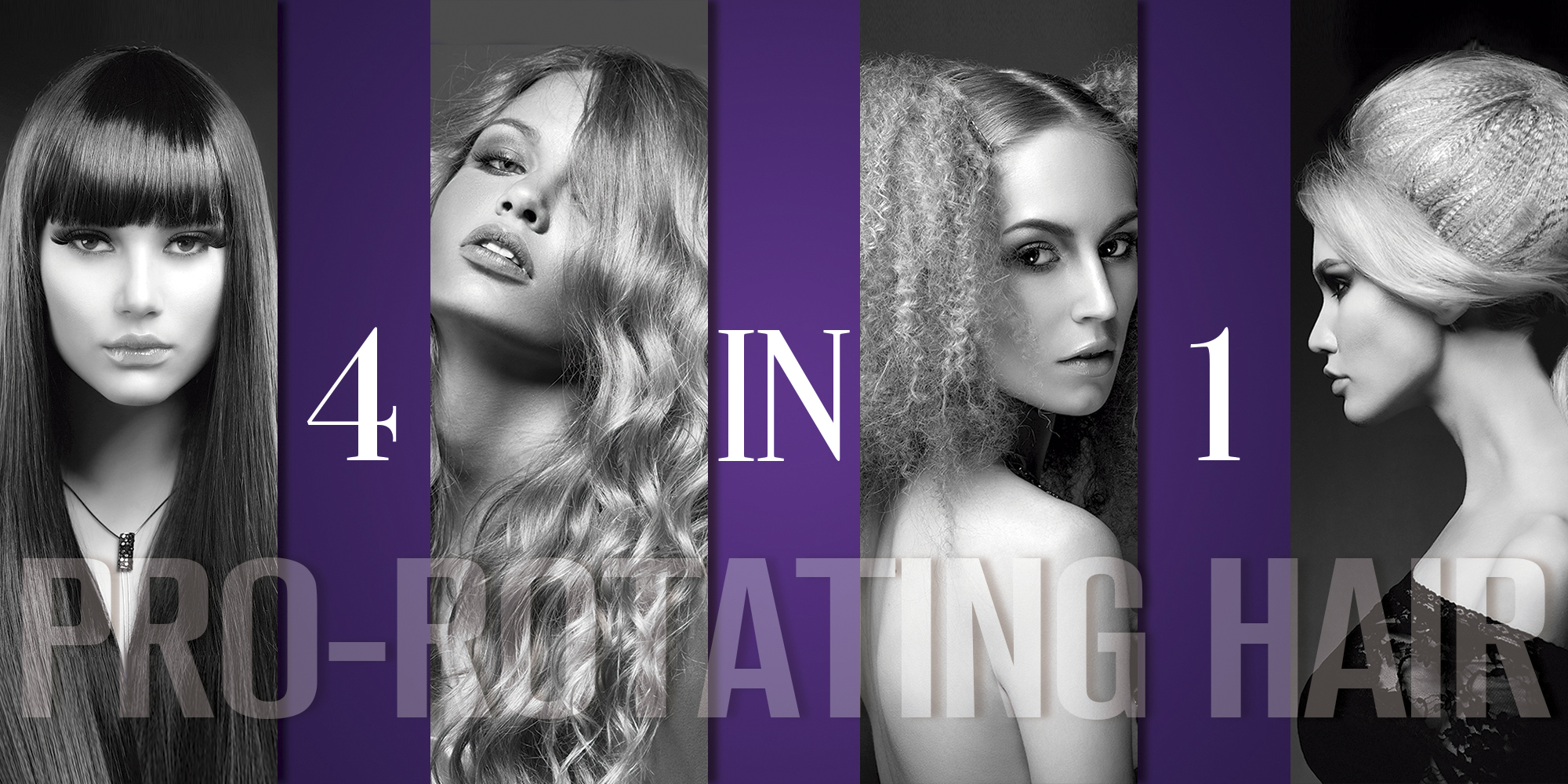 Czarno-białe obrazy przedstawiające różne fryzury. Tekst: 4 w 1 Pro-Rotating Hair.