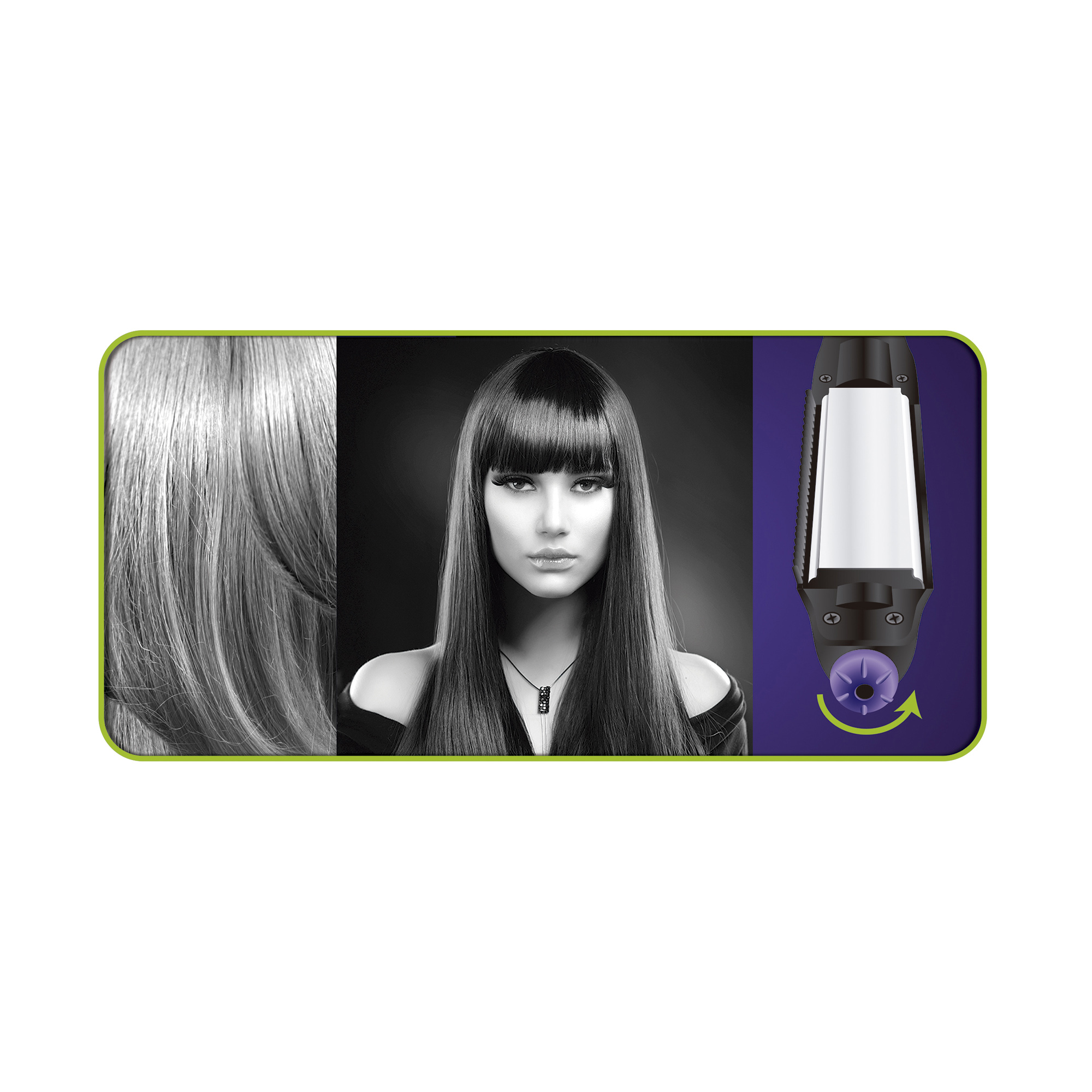 Kobieta z długimi, prostymi włosami i narzędzie do stylizacji włosów z funkcją obrotu.