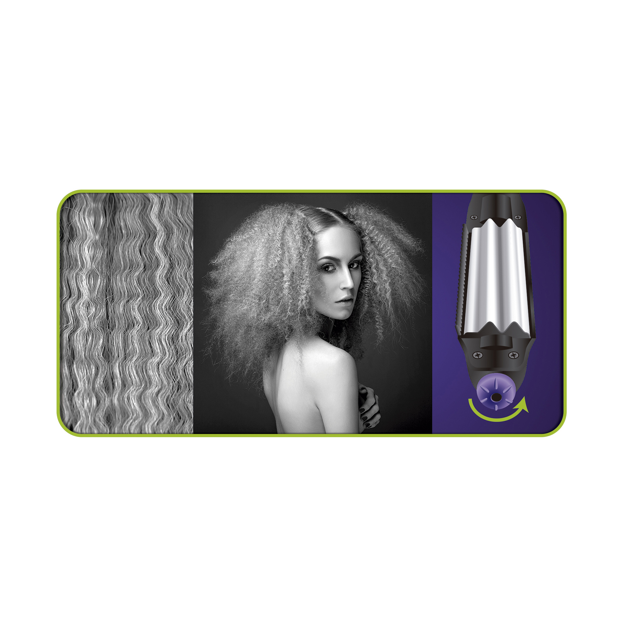 Kobieta z falowanymi włosami. Prawa strona pokazuje lokówkę i falowane włosy. Czarno-biały obraz.