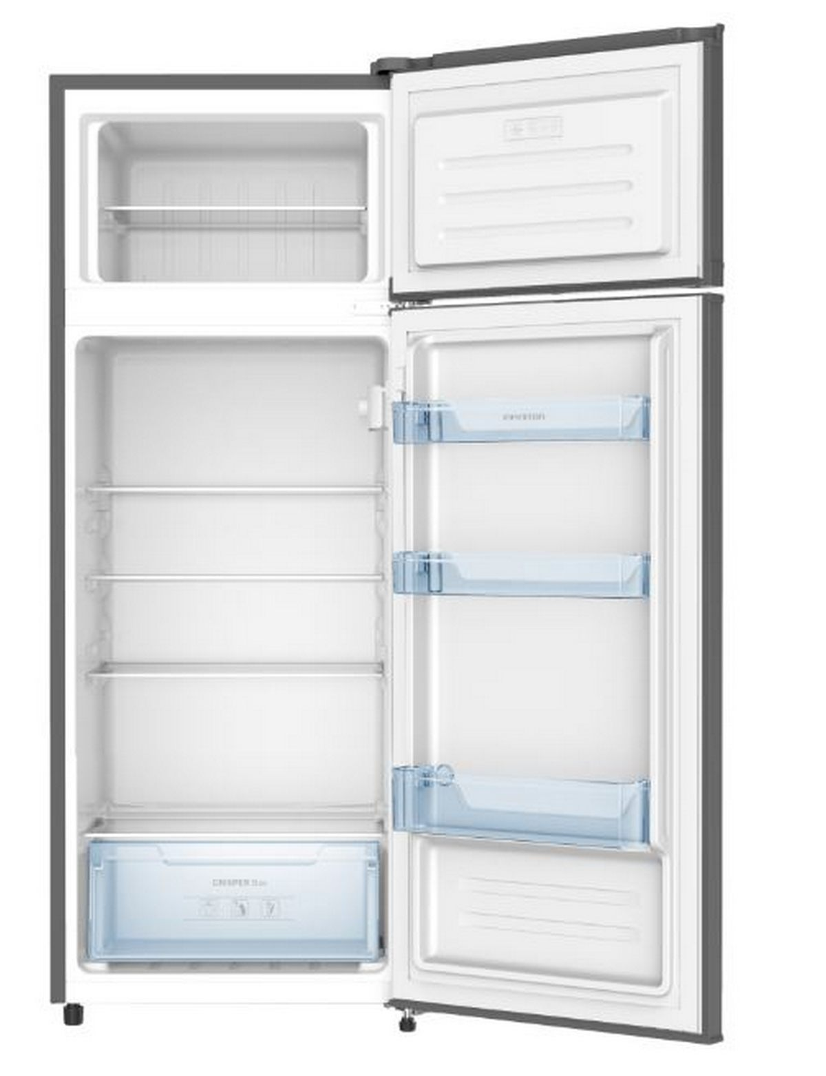 Un refrigerador abierto con estantes y cajones. Hay contenedores azules dentro. Interior blanco y marco gris.