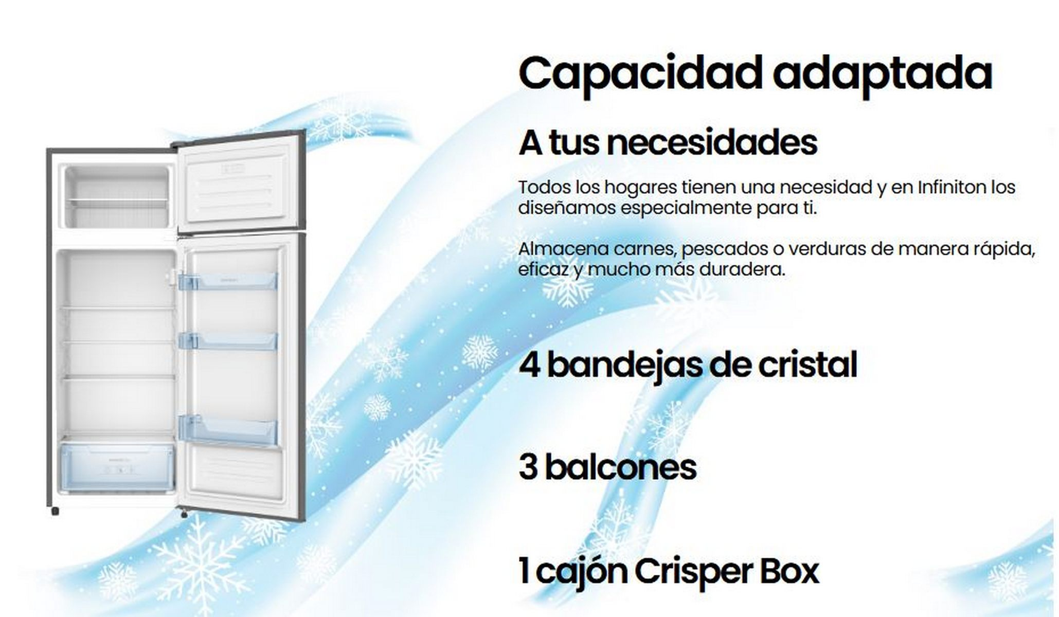 Refrigerador abierto mostrando estantes y cajones. Texto en español describe las características.