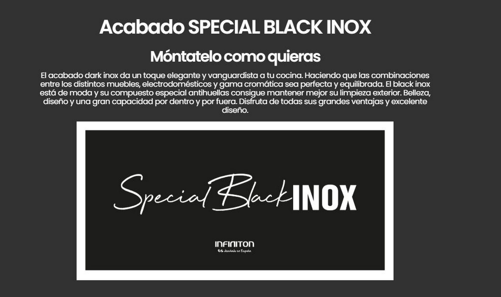 Texto en blanco y negro que dice Special Black INOX, con un fondo oscuro y el logotipo de INFINITON.