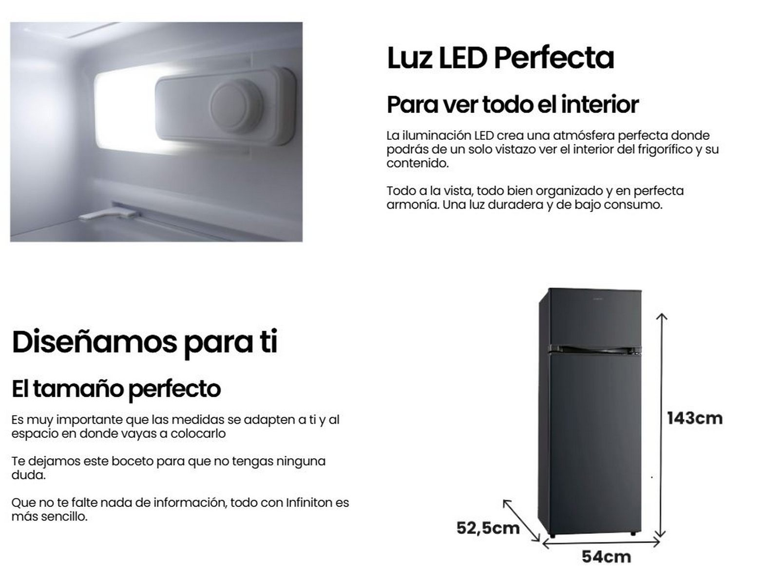 Nevera negra con dimensiones y texto en español. Mostrando el interior de la nevera.