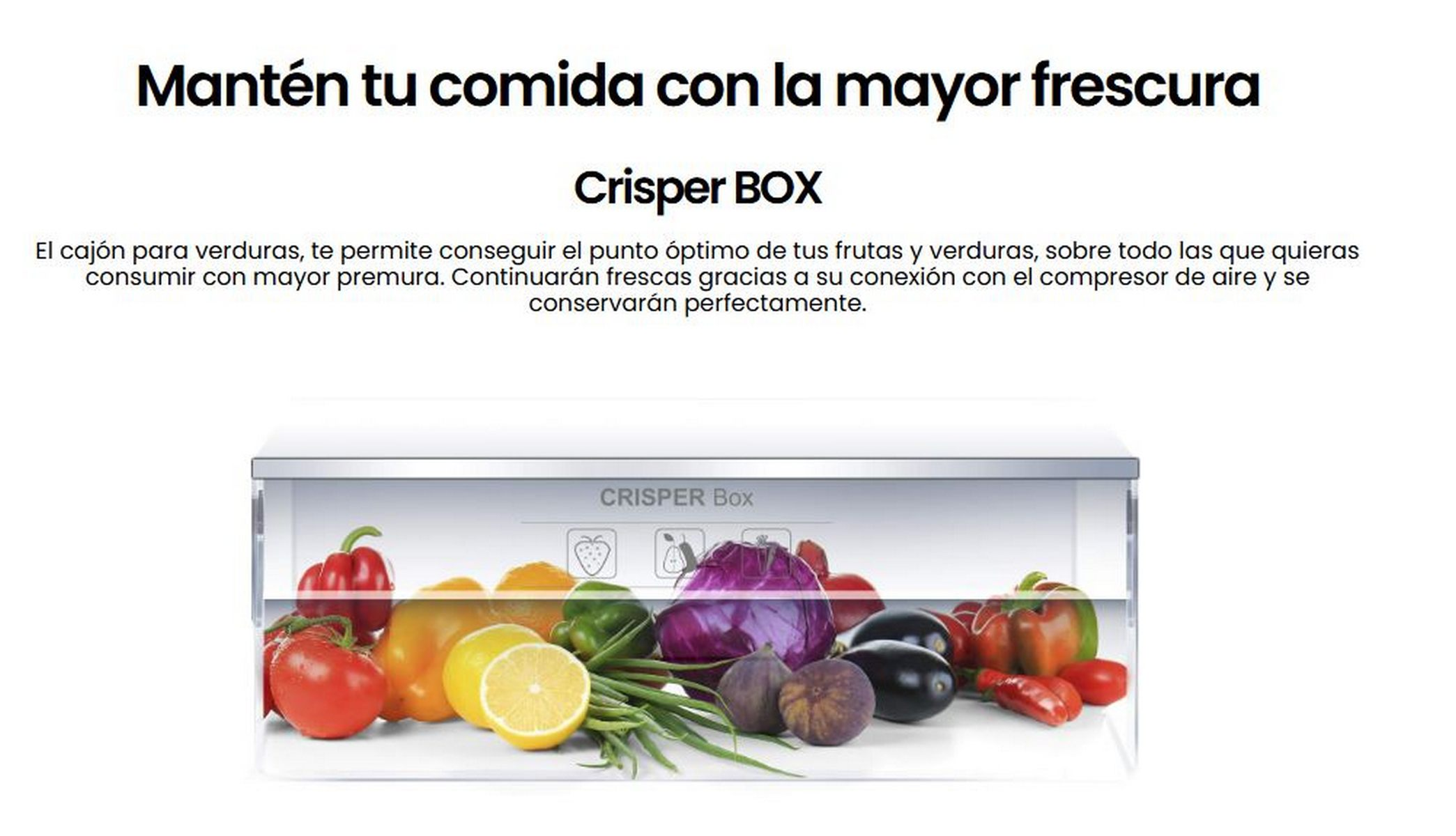 Cajón de verduras en refrigerador con frutas y verduras coloridas, sobre fondo blanco.
