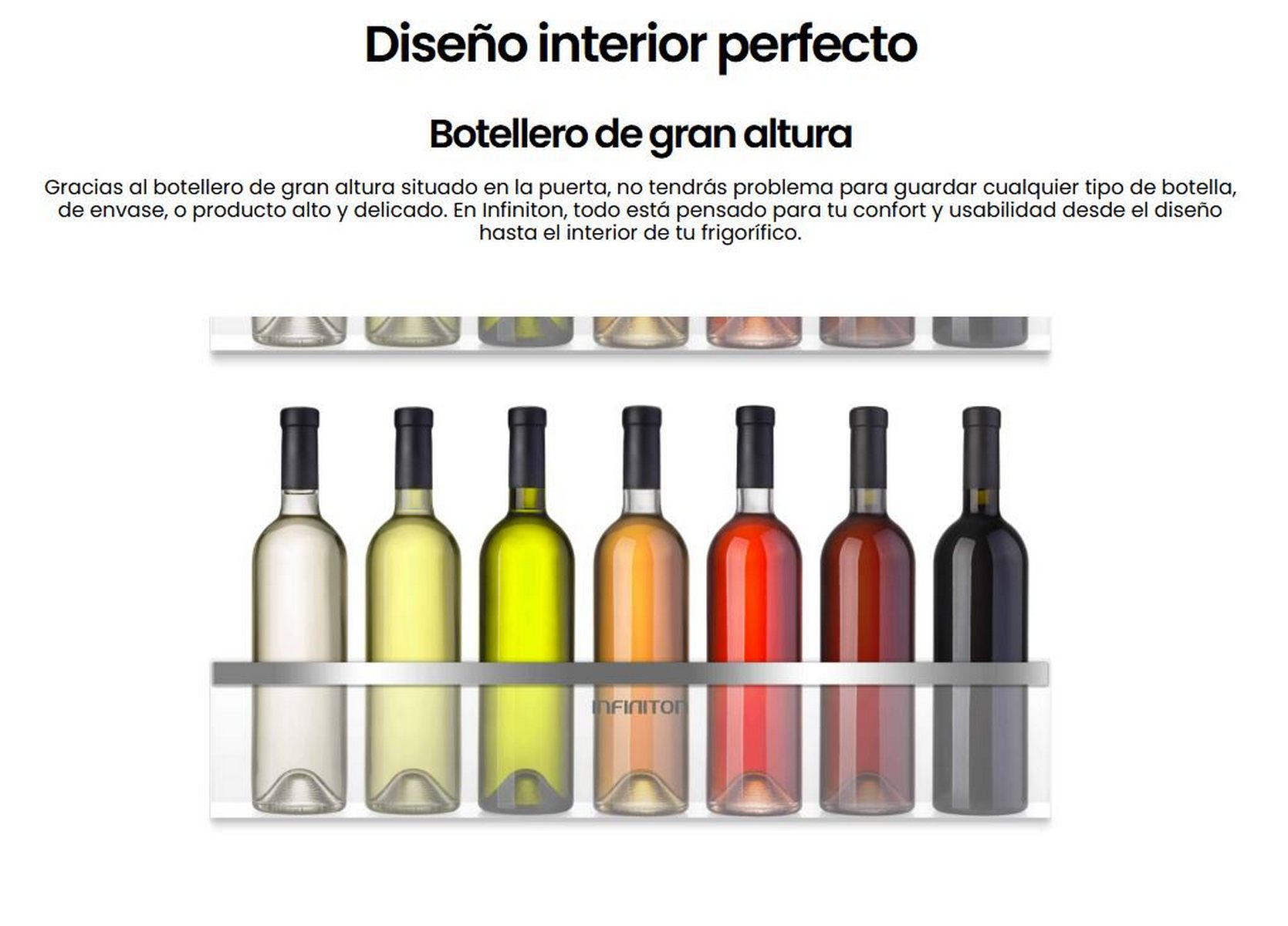 Una estantería con varias botellas de vino, un texto que dice "Diseño interior perfecto" y "botellero alto".