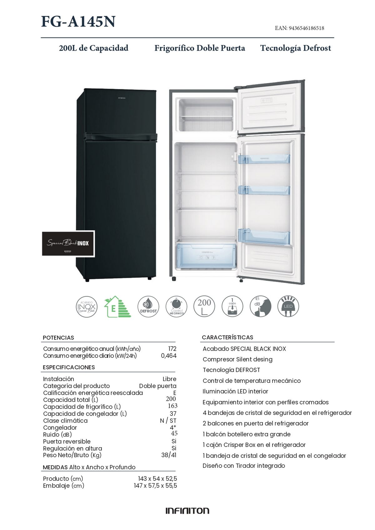 Un refrigerador negro de doble puerta con las puertas abiertas, mostrando el interior.