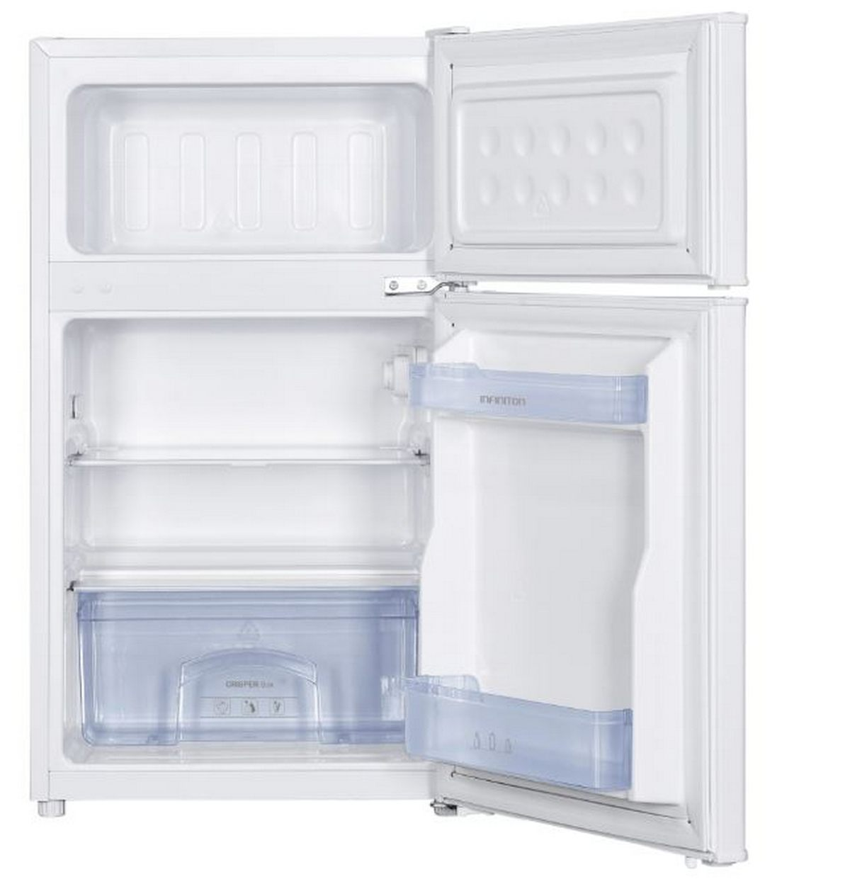Refrigerador blanco con puertas abiertas, mostrando estantes y compartimentos.
