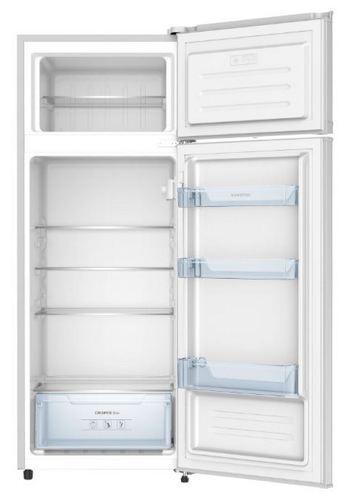 Un refrigerador blanco abierto con estantes, cajones y un compartimento congelador, vacío por dentro.