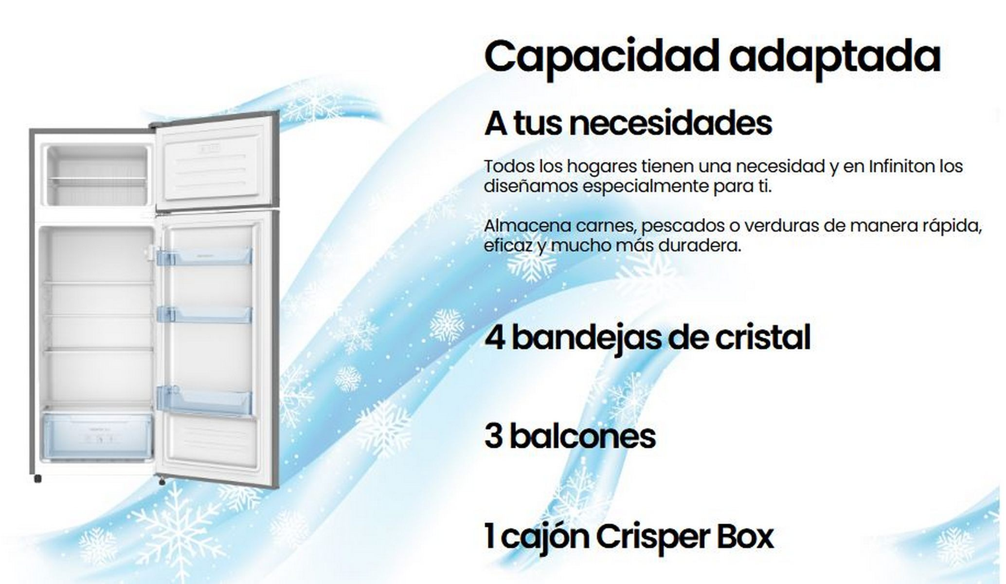 Refrigerador con puertas abiertas. Texto: capacidad adaptada, 4 estantes de cristal, 3 balcones, 1 cajón.
