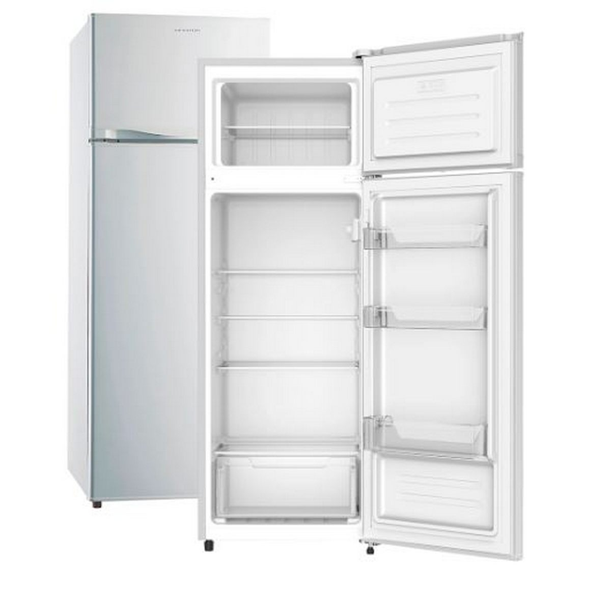 Un refrigerador blanco con las puertas abiertas, mostrando estantes y cajones. Otro a la izquierda.