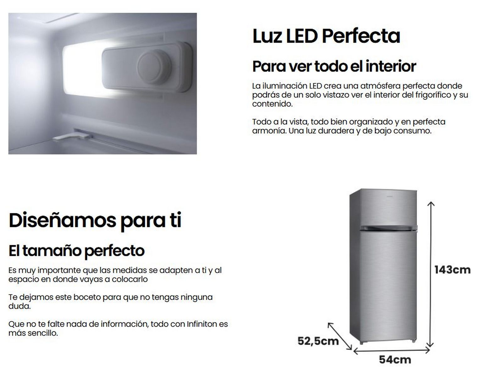 Interior de un refrigerador con luz LED y un refrigerador plateado con dimensiones.