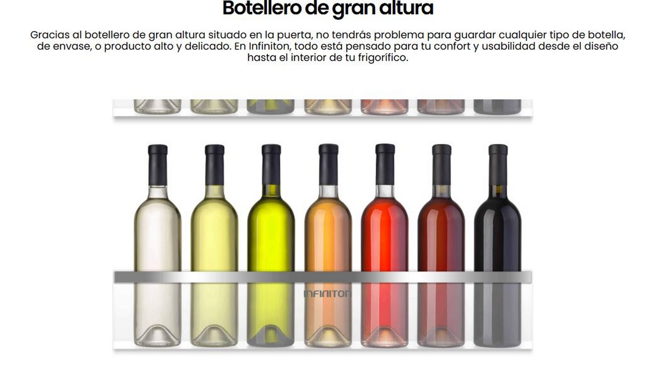 Botellas de vino en un estante de nevera. Las botellas son de varios colores.