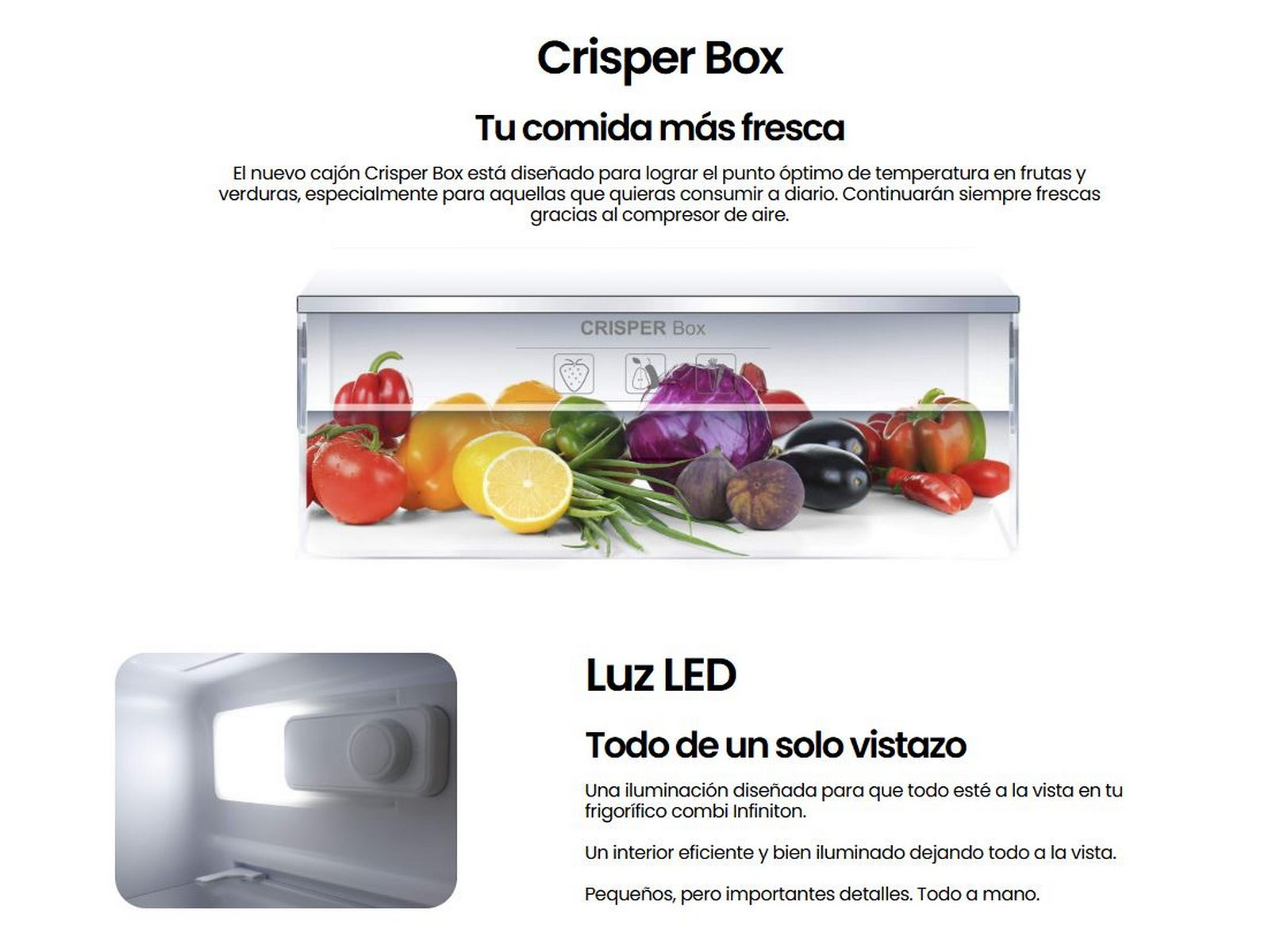 Una caja de verduras del refrigerador con verduras y una luz LED. Texto sobre frescura y el LED.