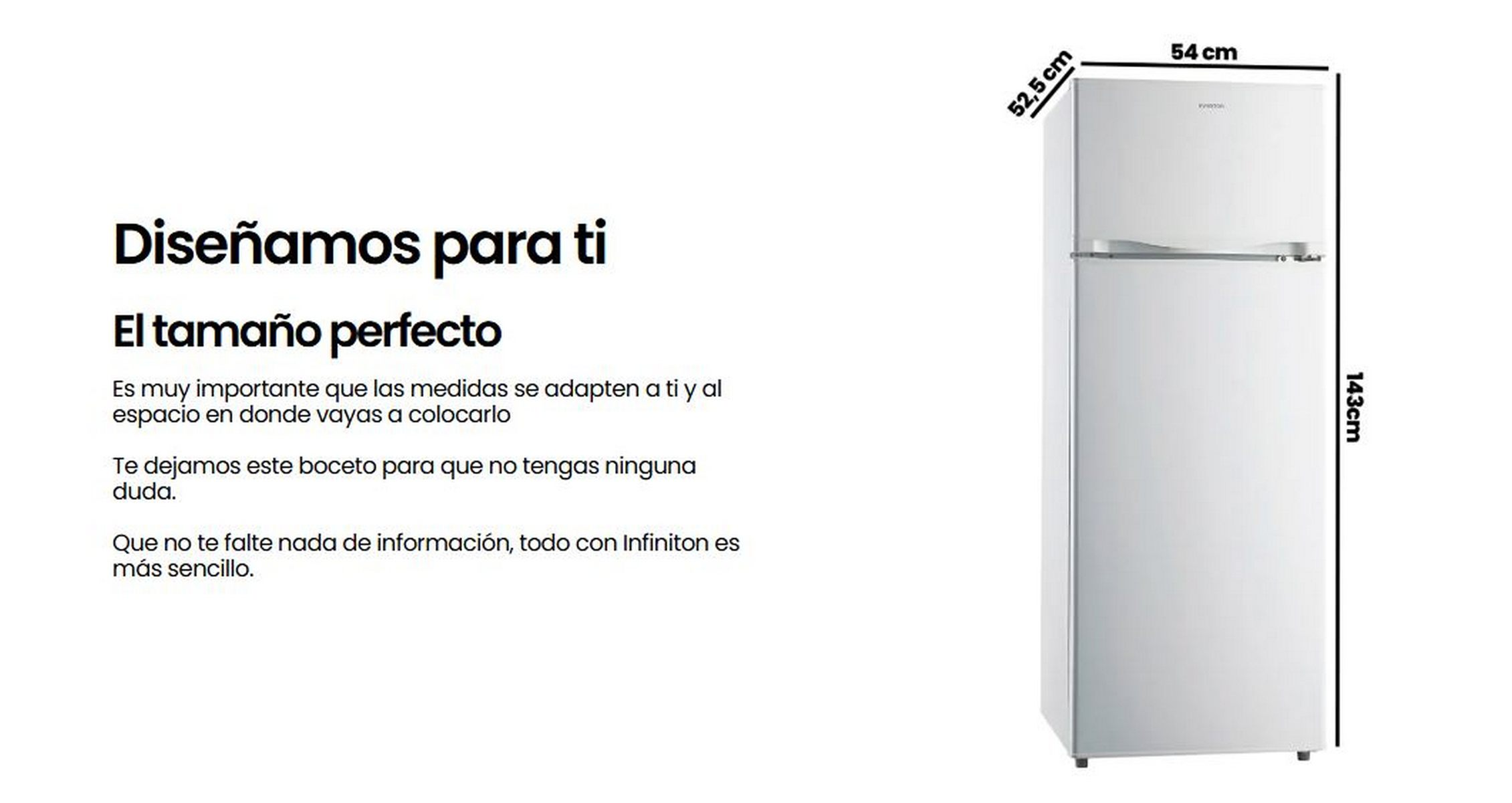 Refrigerador blanco con dimensiones mostradas. Texto en español. Fondo blanco.