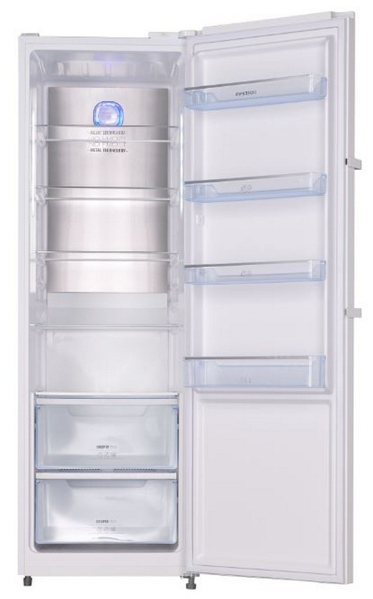 Frigorífico blanco con la puerta abierta. Se ven estantes y cajones, con una luz azul dentro.