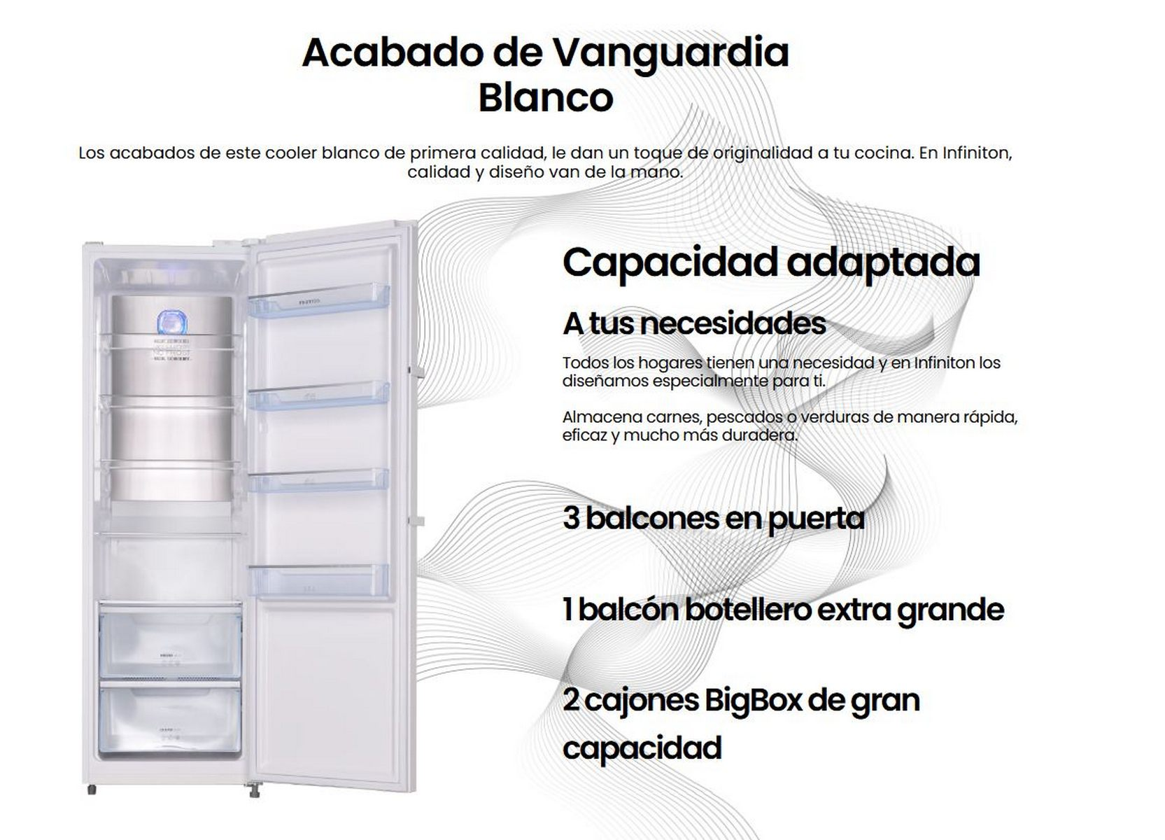 Un refrigerador blanco con la puerta abierta, mostrando el interior con estantes y cajones.