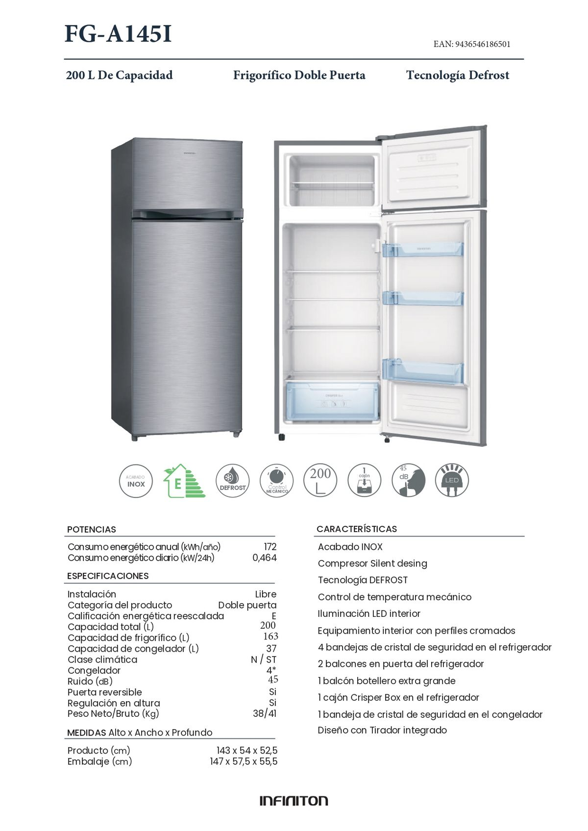 Un refrigerador plateado de doble puerta, con las puertas abiertas, mostrando los componentes interiores.