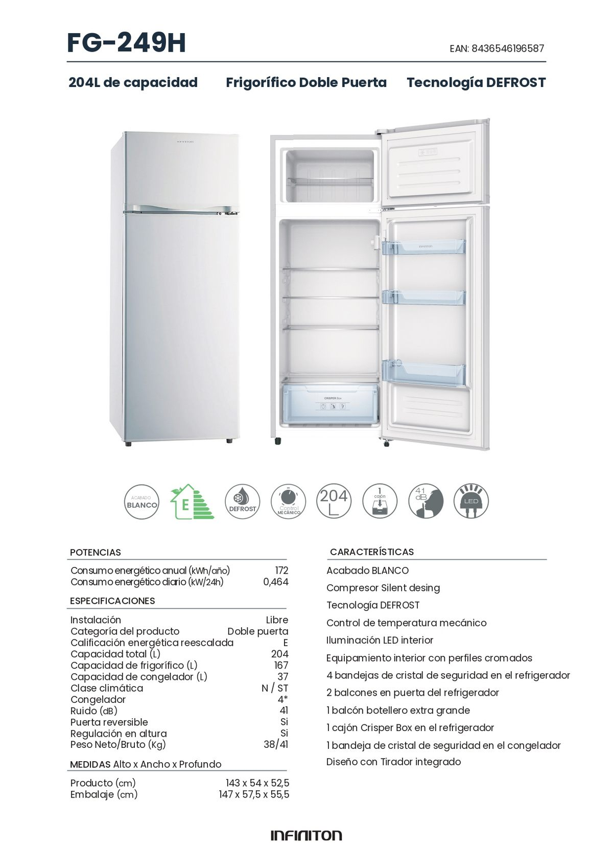 Un refrigerador blanco de doble puerta con las puertas abiertas. Se muestra información sobre el consumo de energía.