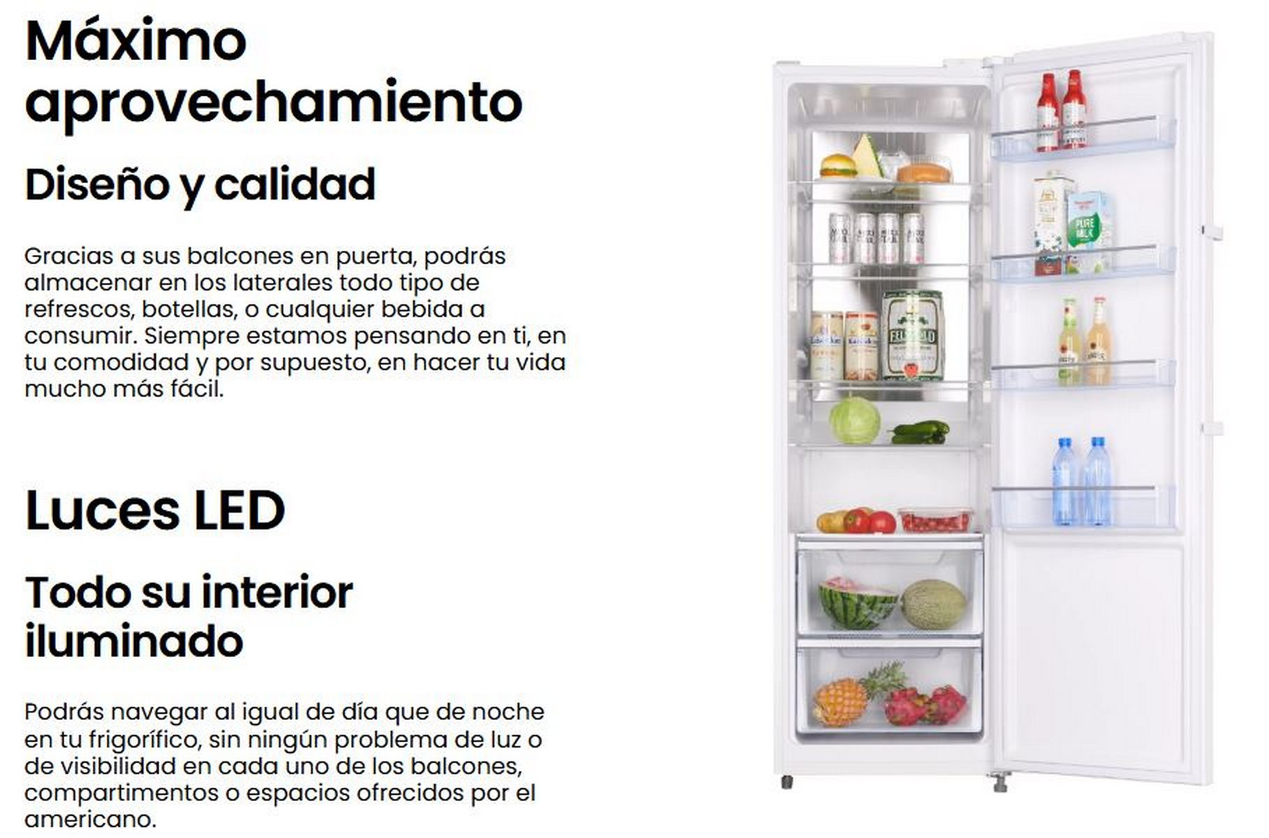 Un refrigerador blanco con la puerta abierta mostrando estantes con comida y bebidas.