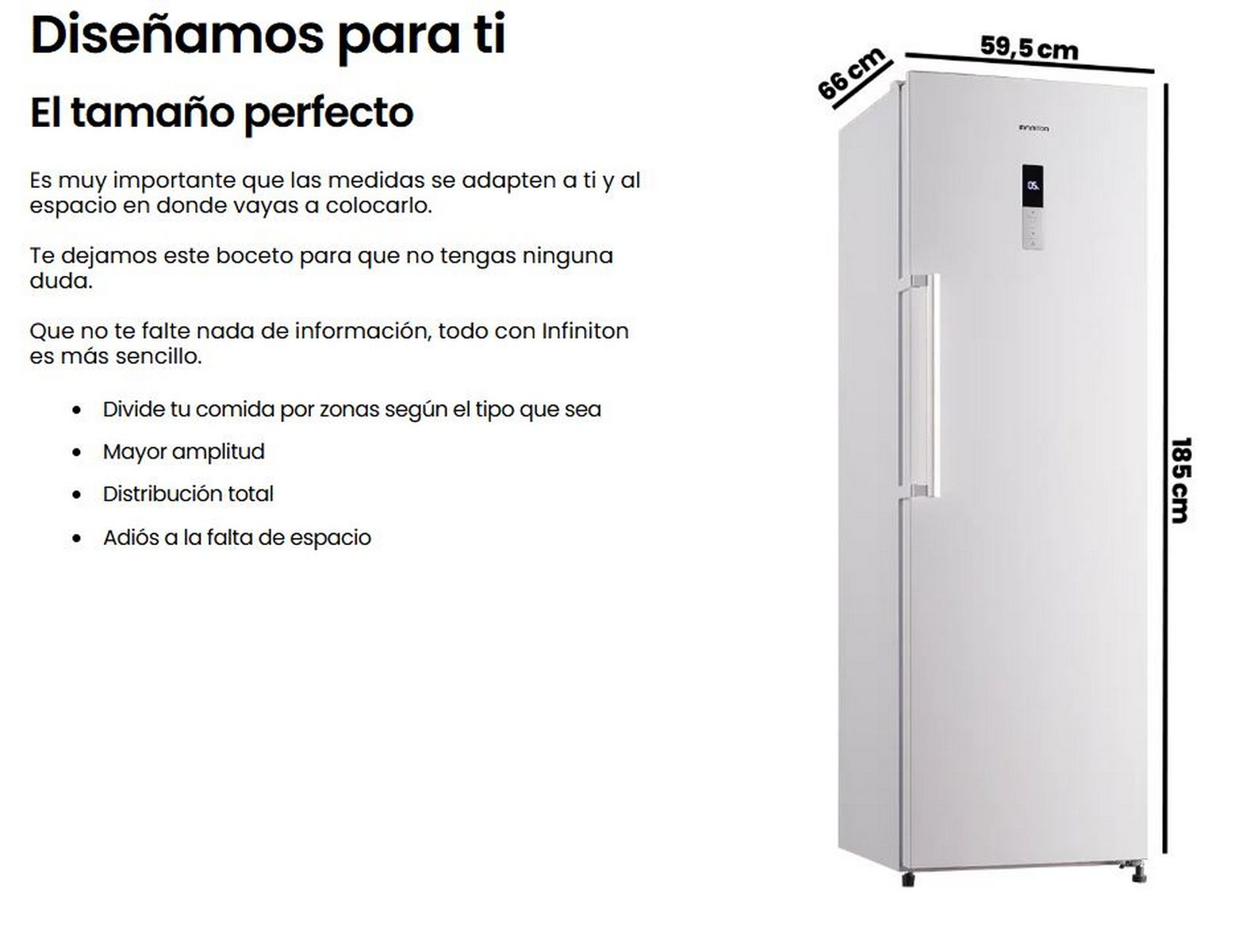 Un refrigerador blanco con dimensiones en cm, más texto en español. Las dimensiones están incluidas.